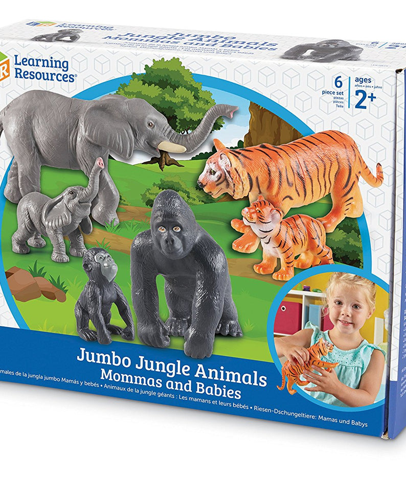 Learning Resources Jumbo Jungle Animals Mommas and Babies, 6 Piece Pretend Play Animal Set with Storage Box, Ages 2 Plus