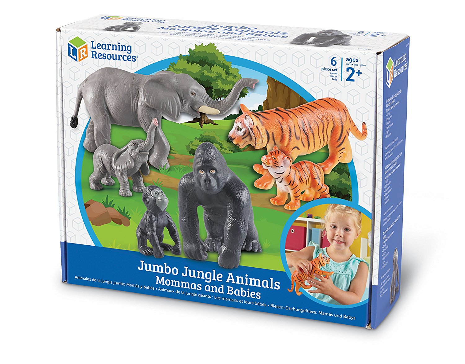 Learning Resources Jumbo Jungle Animals Mommas and Babies, 6 Piece Pretend Play Animal Set with Storage Box, Ages 2 Plus