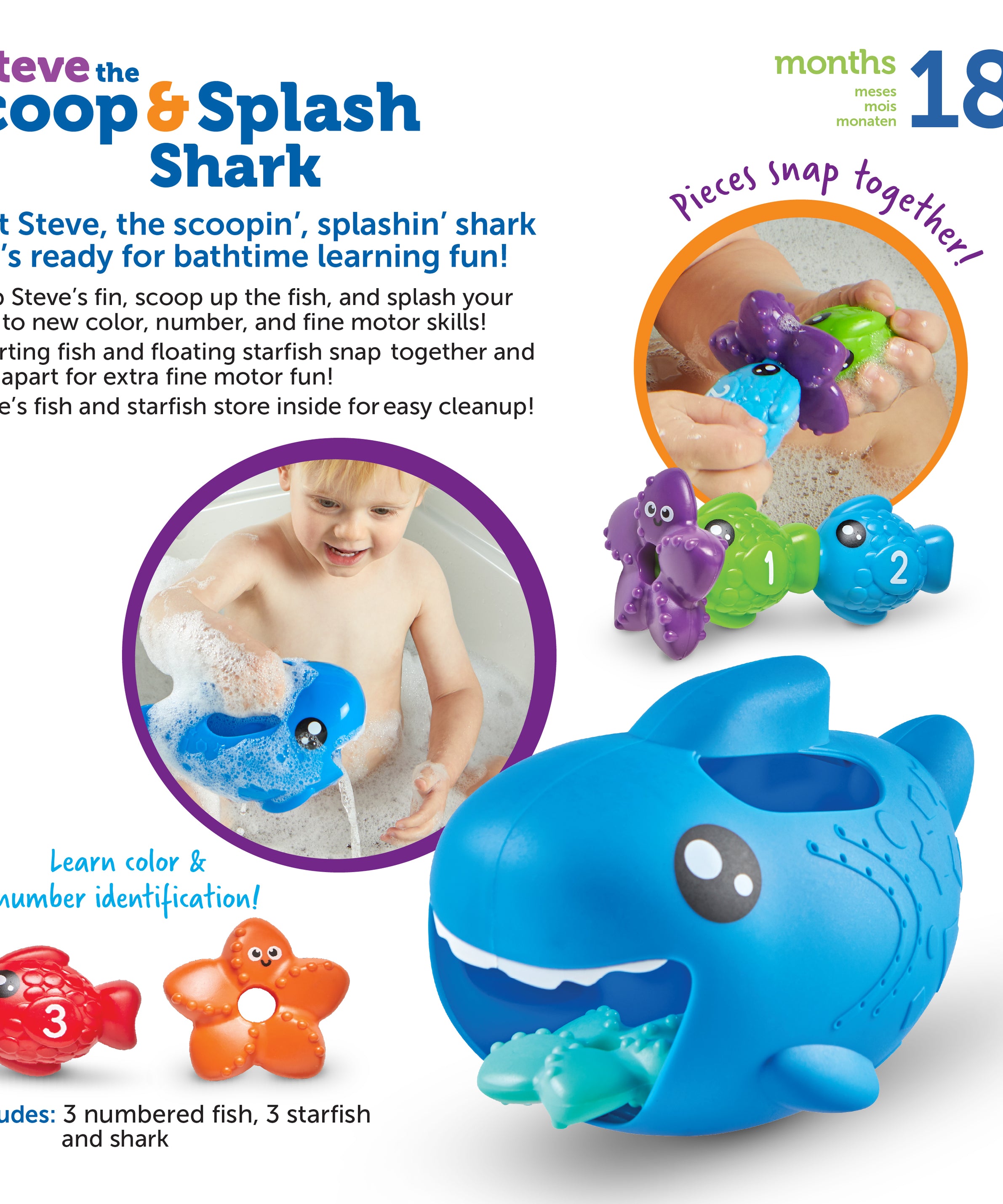 Learning Resources Steve the Scoop and Splash Shark, Water Play Toddler Toy with Fish and Starfish, Bath, Pool, and Water Table Play, Ages 18 Months Plus
