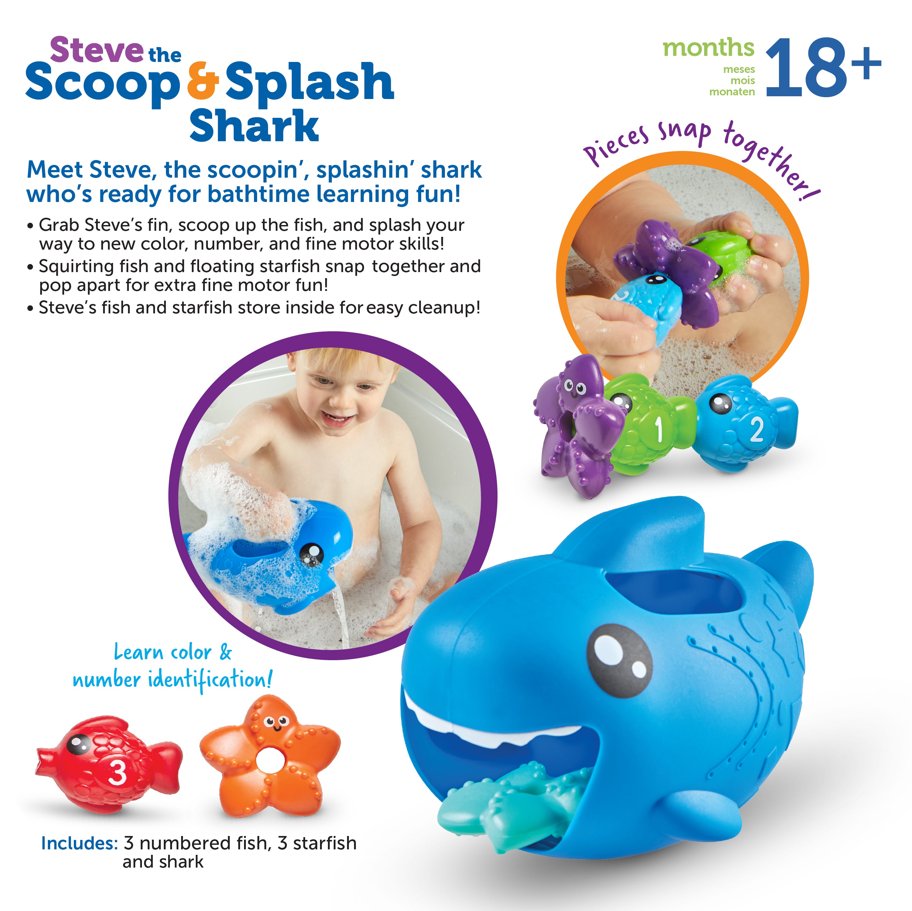 Learning Resources Steve the Scoop and Splash Shark, Water Play Toddler Toy with Fish and Starfish, Bath, Pool, and Water Table Play, Ages 18 Months Plus
