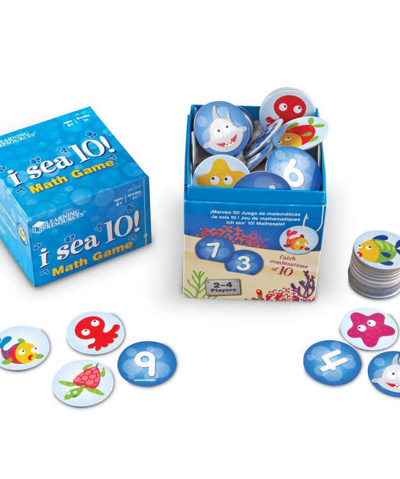 Learning Resources I Sea 10! Math Game, Fun Family Game for Practicing Number Bonds to Ten, Includes 90 Number Cards & 10 Shark Cards, Great Early Math Skills Activity, For Ages 6+, Sea-Themed Container