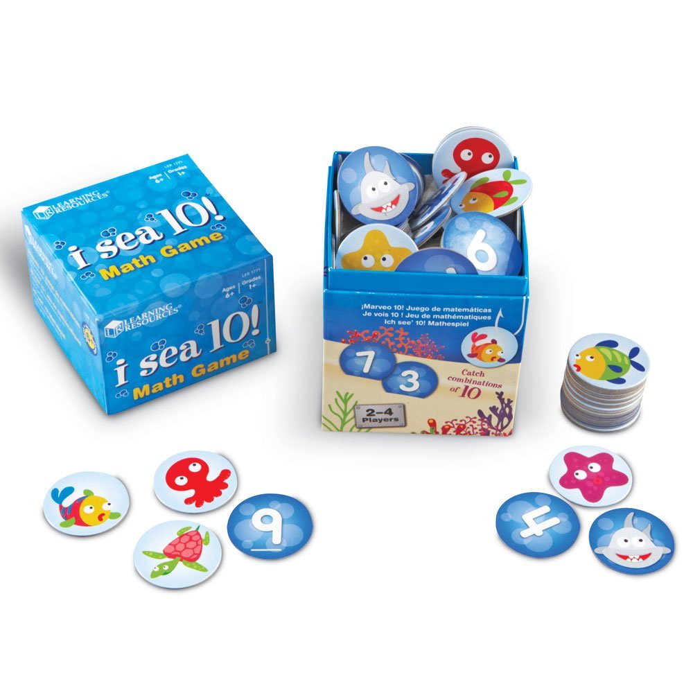 Learning Resources I Sea 10! Math Game, Fun Family Game for Practicing Number Bonds to Ten, Includes 90 Number Cards & 10 Shark Cards, Great Early Math Skills Activity, For Ages 6+, Sea-Themed Container