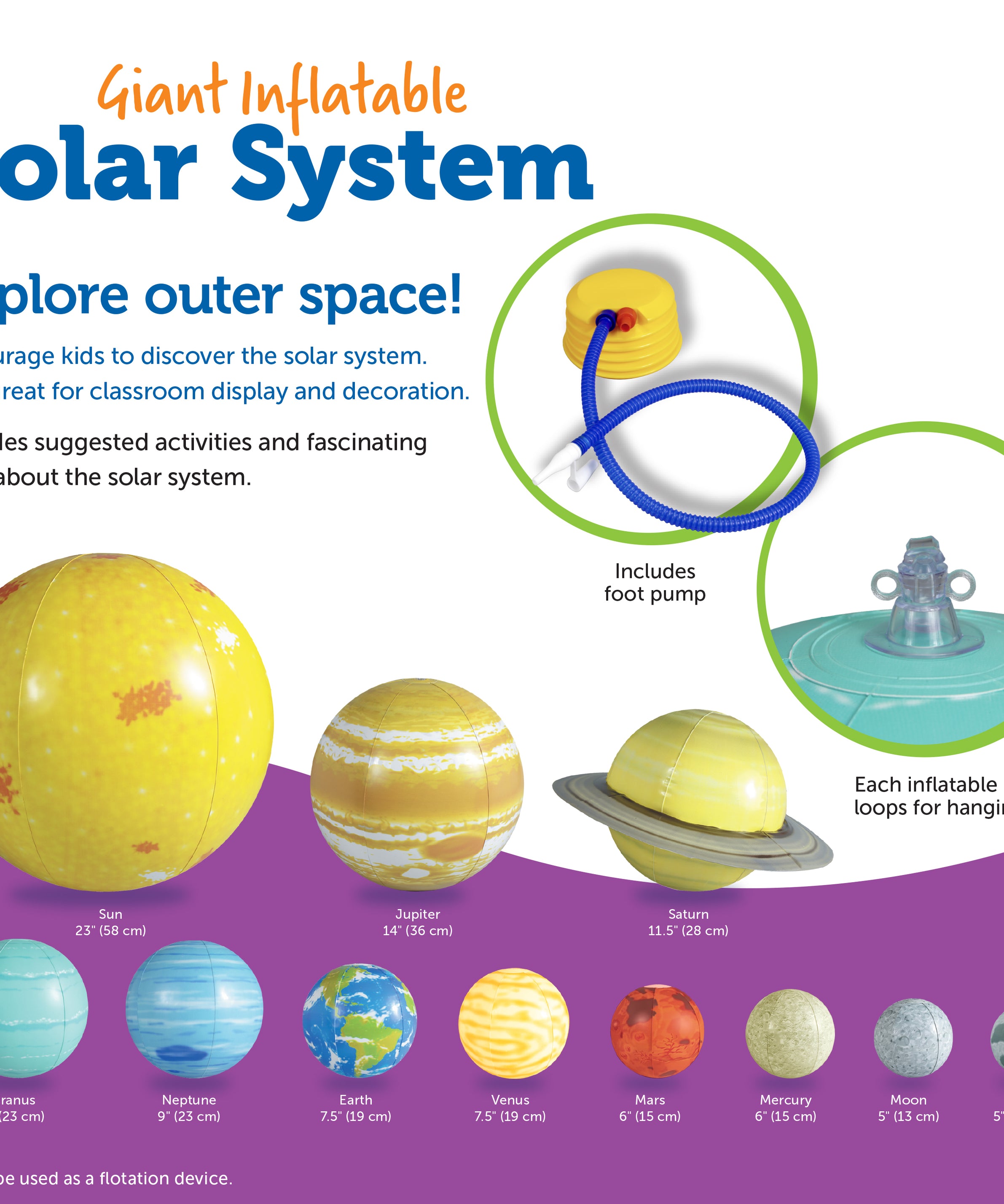 Learning Resources Giant Inflatable Solar System Set, Interactive 3D Planet Model with Sun, Planets, Moon & Activity Guide, Includes Repair Kit, Pump & Hooks for Hanging, For Kids Ages 5+