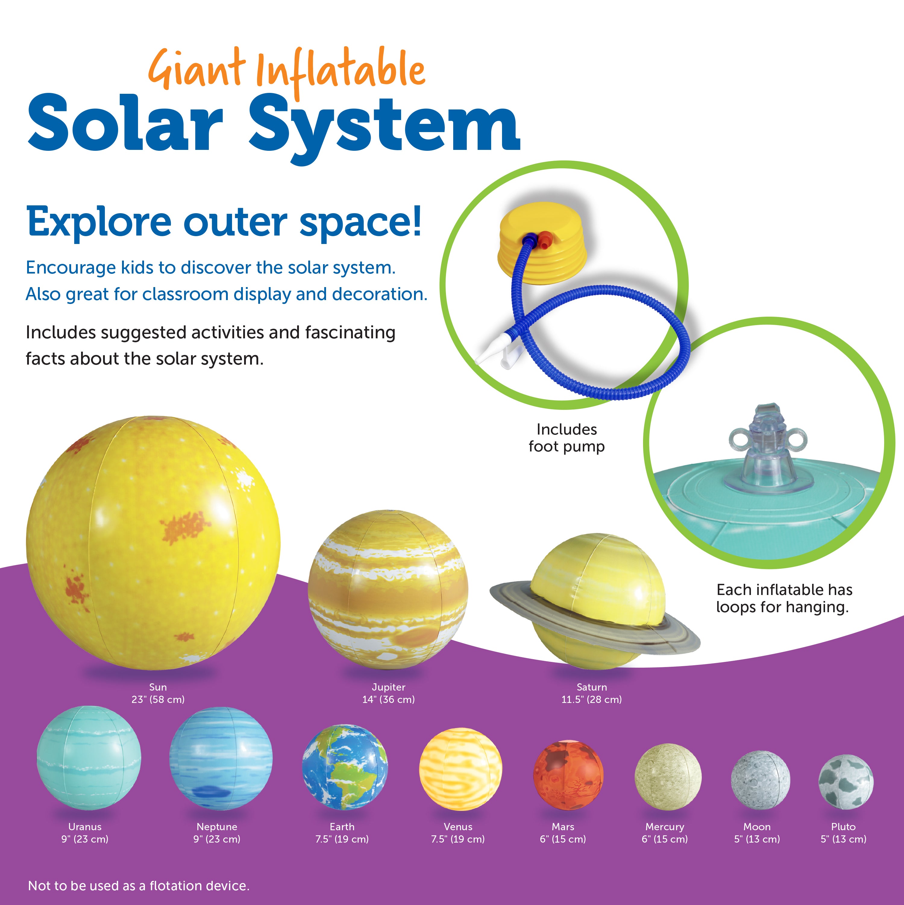 Learning Resources Giant Inflatable Solar System Set, Interactive 3D Planet Model with Sun, Planets, Moon & Activity Guide, Includes Repair Kit, Pump & Hooks for Hanging, For Kids Ages 5+
