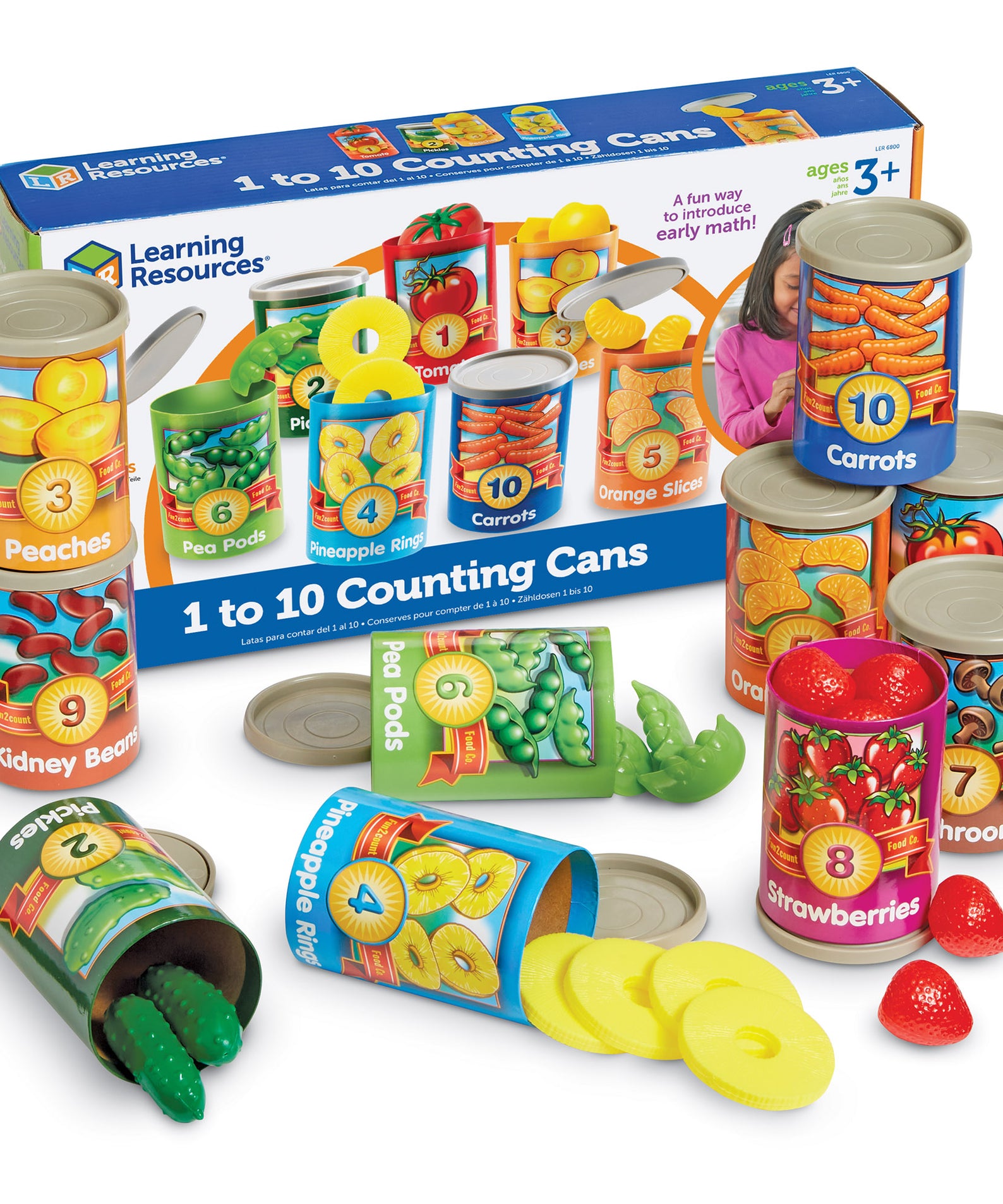 Learning Resources 1 to 10 Counting Cans, Early Years Counting and Sorting Toy with 55 Play Food Pieces, Stackable Storage, Ages 3 Plus