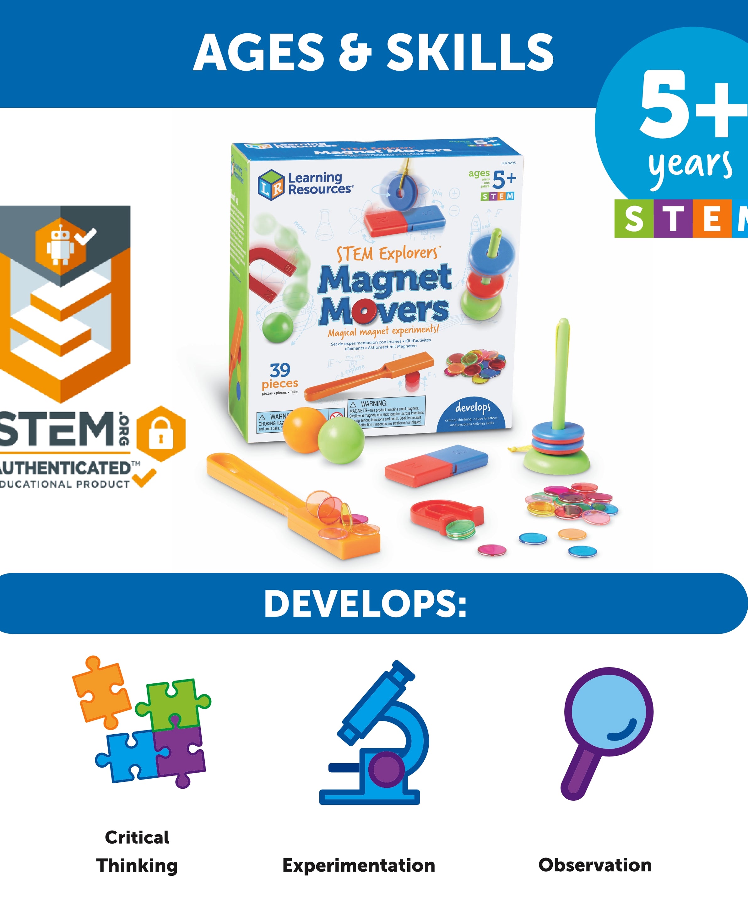 Learning Resources STEM Explorers Magnet Movers, Hands-On Magnetism Experiment Set for Kids, Ages 5+