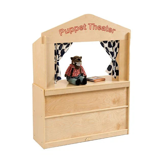 JOOYES Wooden Puppet Theatre Playhouse, Birch Plywood Dramatic Play Stage with Padded Front, Storage for Puppets, Encourages Imagination, Social Skills and Creativity, 101 x 36 x 73 cm – Early Development & Activity Toys