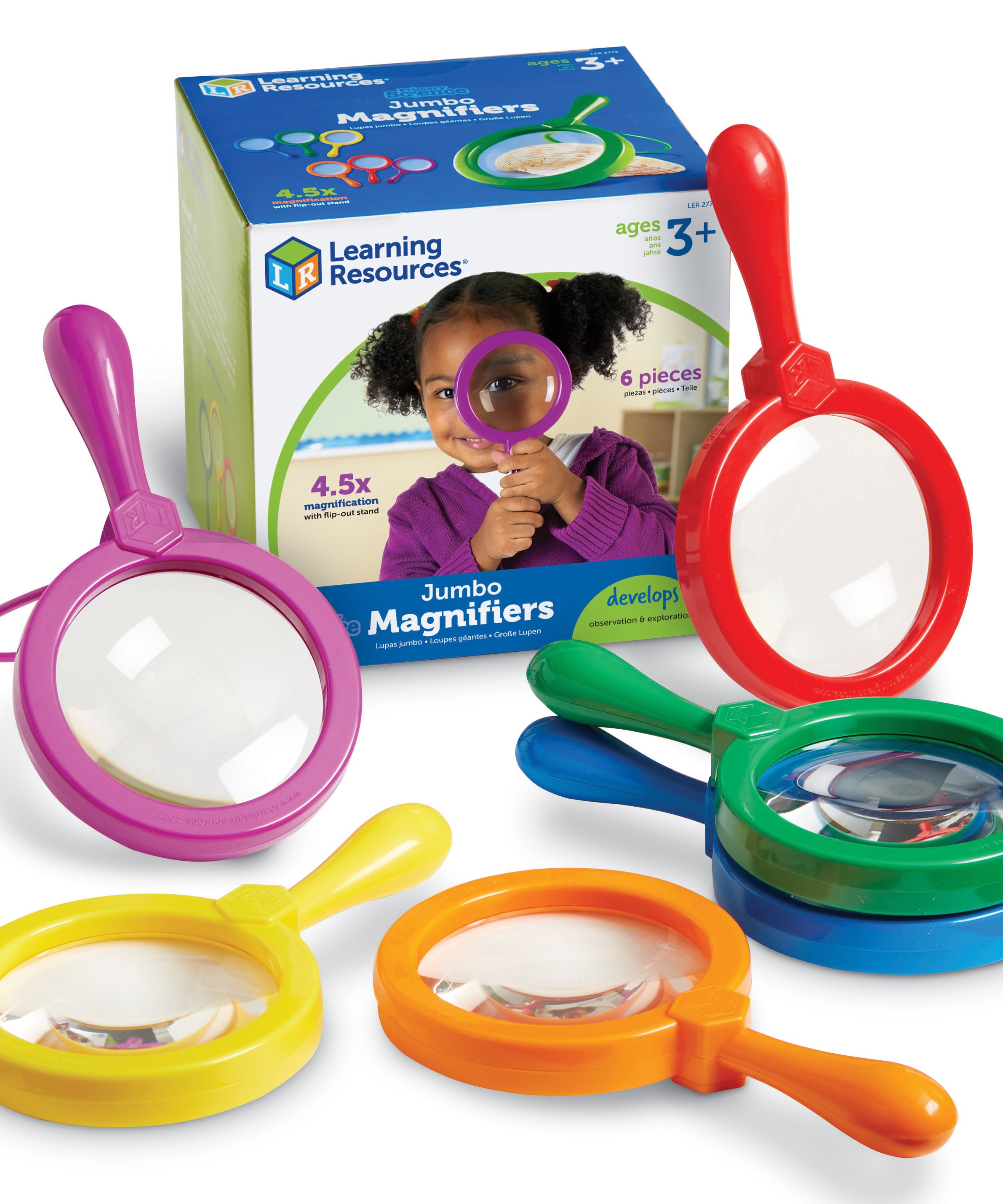 Learning Resources Primary Science Jumbo Magnifiers (Set of 6), 4.5x Magnification, Built-in Stand, Perfect for Little Hands, Ideal for Life Science Lessons, Ages 3+