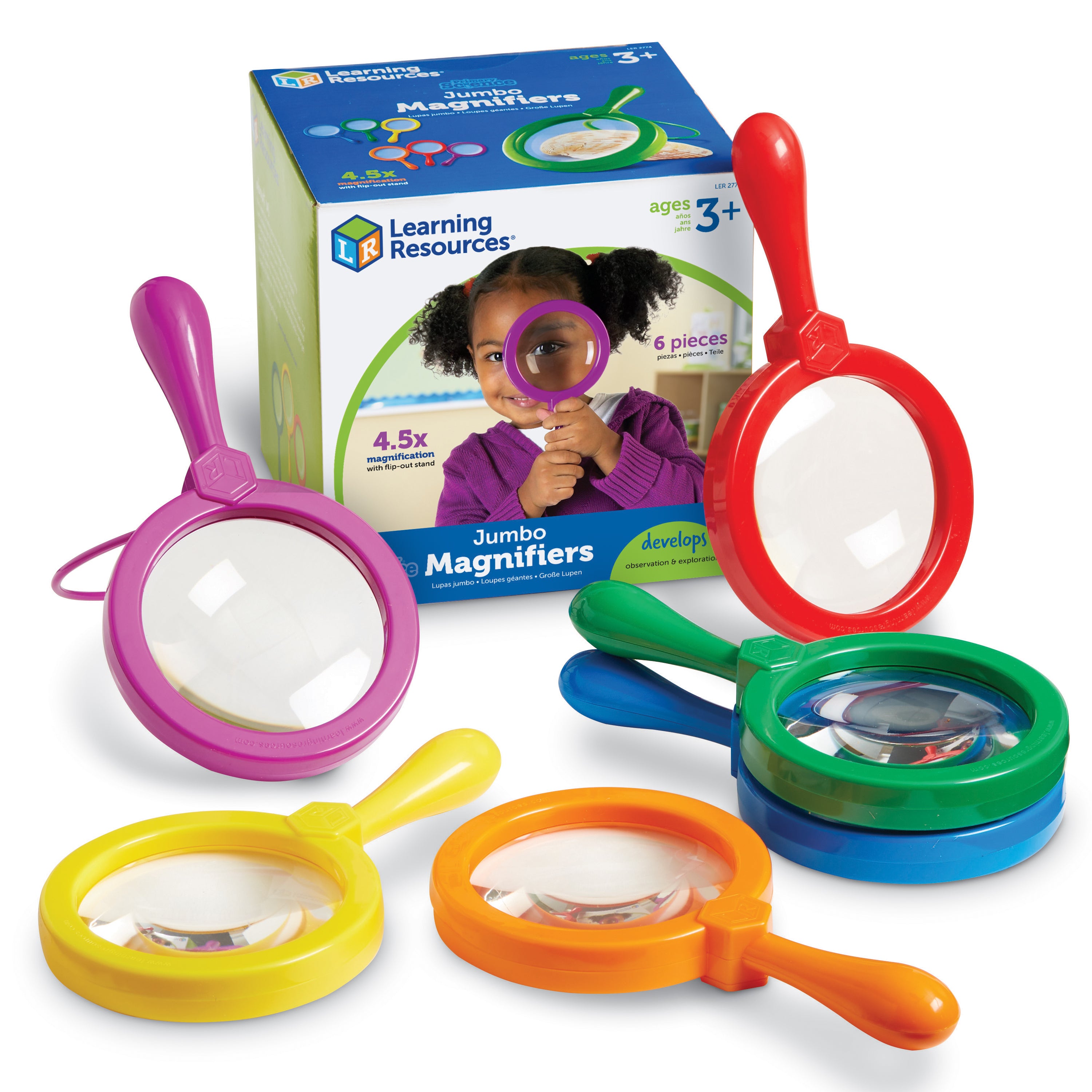 Learning Resources Primary Science Jumbo Magnifiers (Set of 6), 4.5x Magnification, Built-in Stand, Perfect for Little Hands, Ideal for Life Science Lessons, Ages 3+