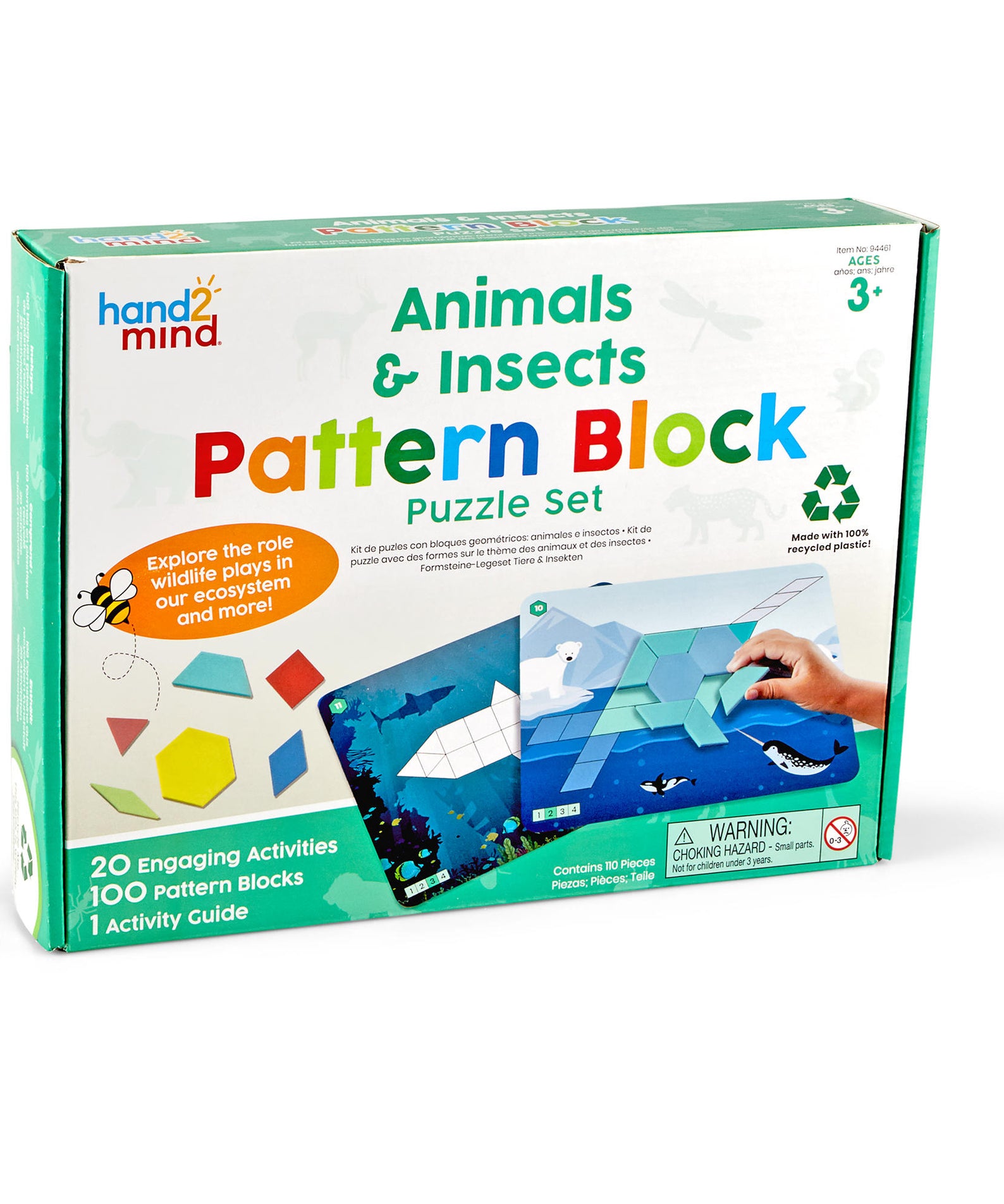 Learning Resources Animals & Insects Pattern Block Puzzle Set, 100 Colourful Pattern Blocks, 10 Double-Sided Puzzle Cards, Recycled Plastic, Early Maths & Shape Recognition, Ages 3+