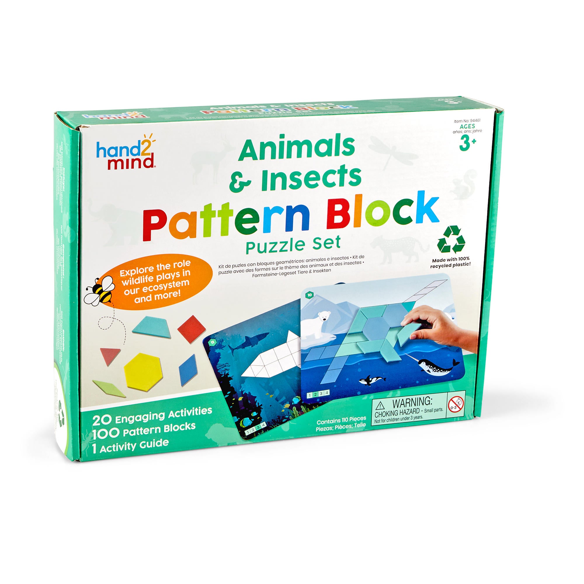 Learning Resources Animals & Insects Pattern Block Puzzle Set, 100 Colourful Pattern Blocks, 10 Double-Sided Puzzle Cards, Recycled Plastic, Early Maths & Shape Recognition, Ages 3+
