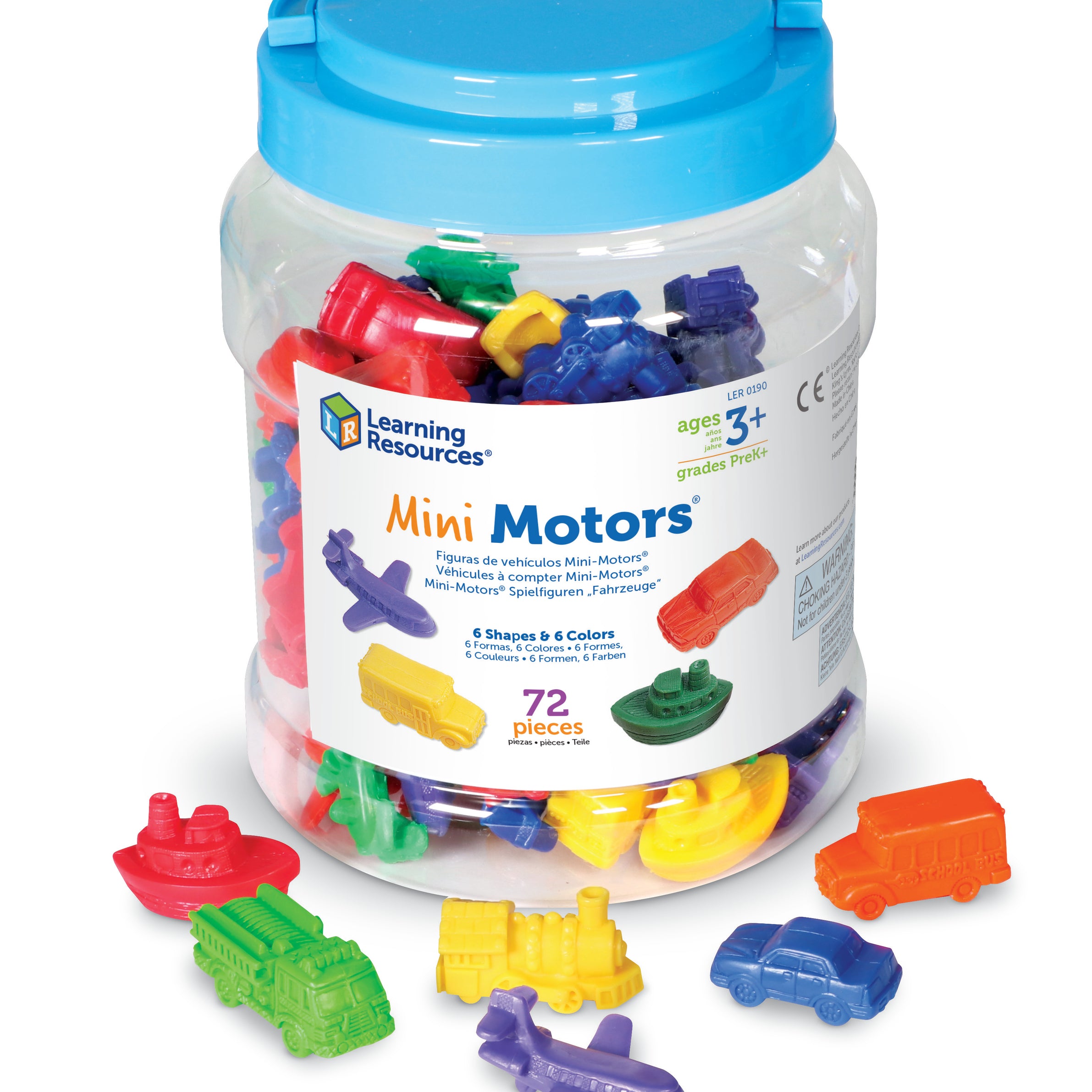 Learning Resources Mini Motors Counters, 72-Piece Set of Vehicle Counters for Counting, Sorting, and Imaginative Play, Includes Storage Tub, Ages 3 Plus