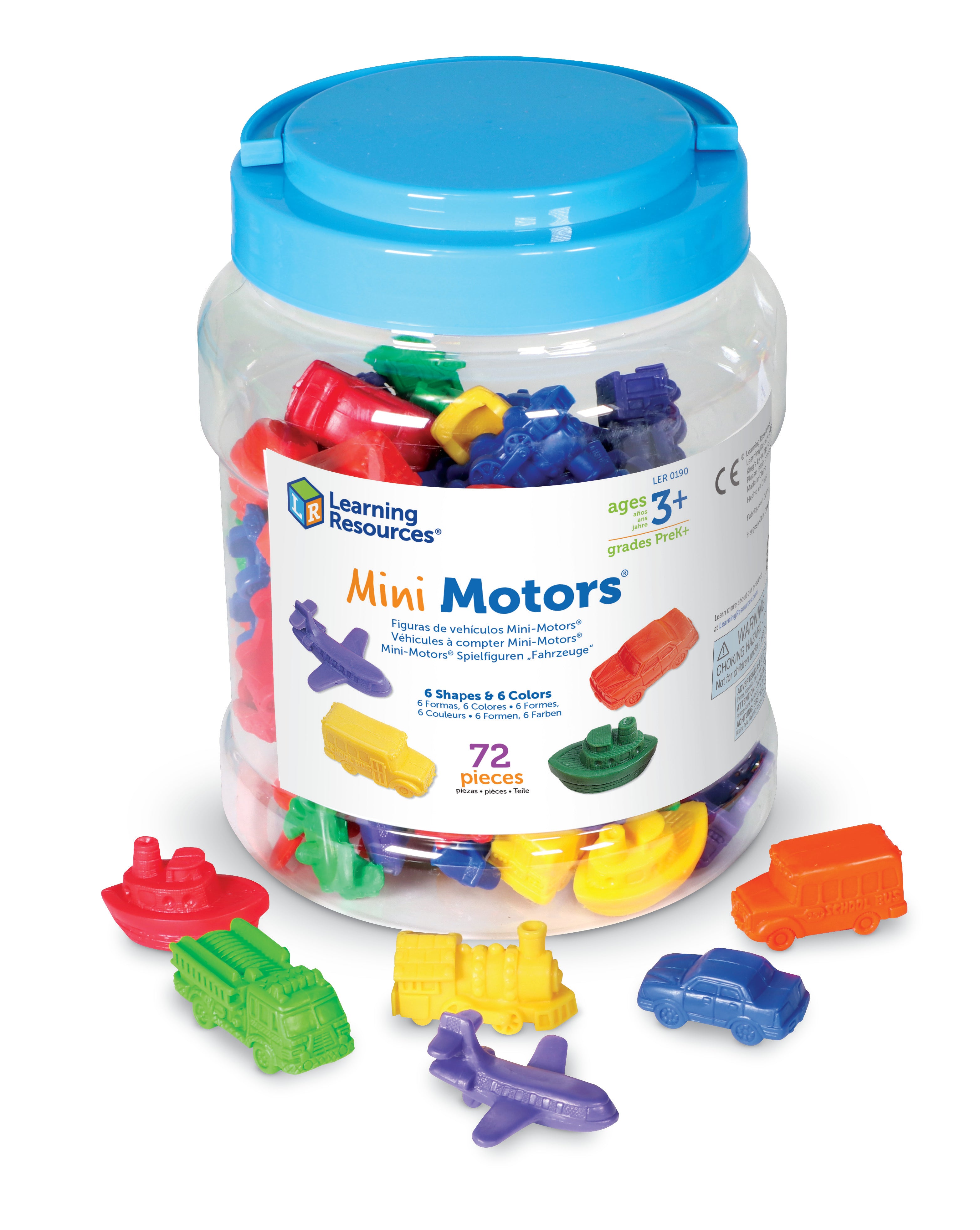 Learning Resources Mini Motors Counters, 72-Piece Set of Vehicle Counters for Counting, Sorting, and Imaginative Play, Includes Storage Tub, Ages 3 Plus