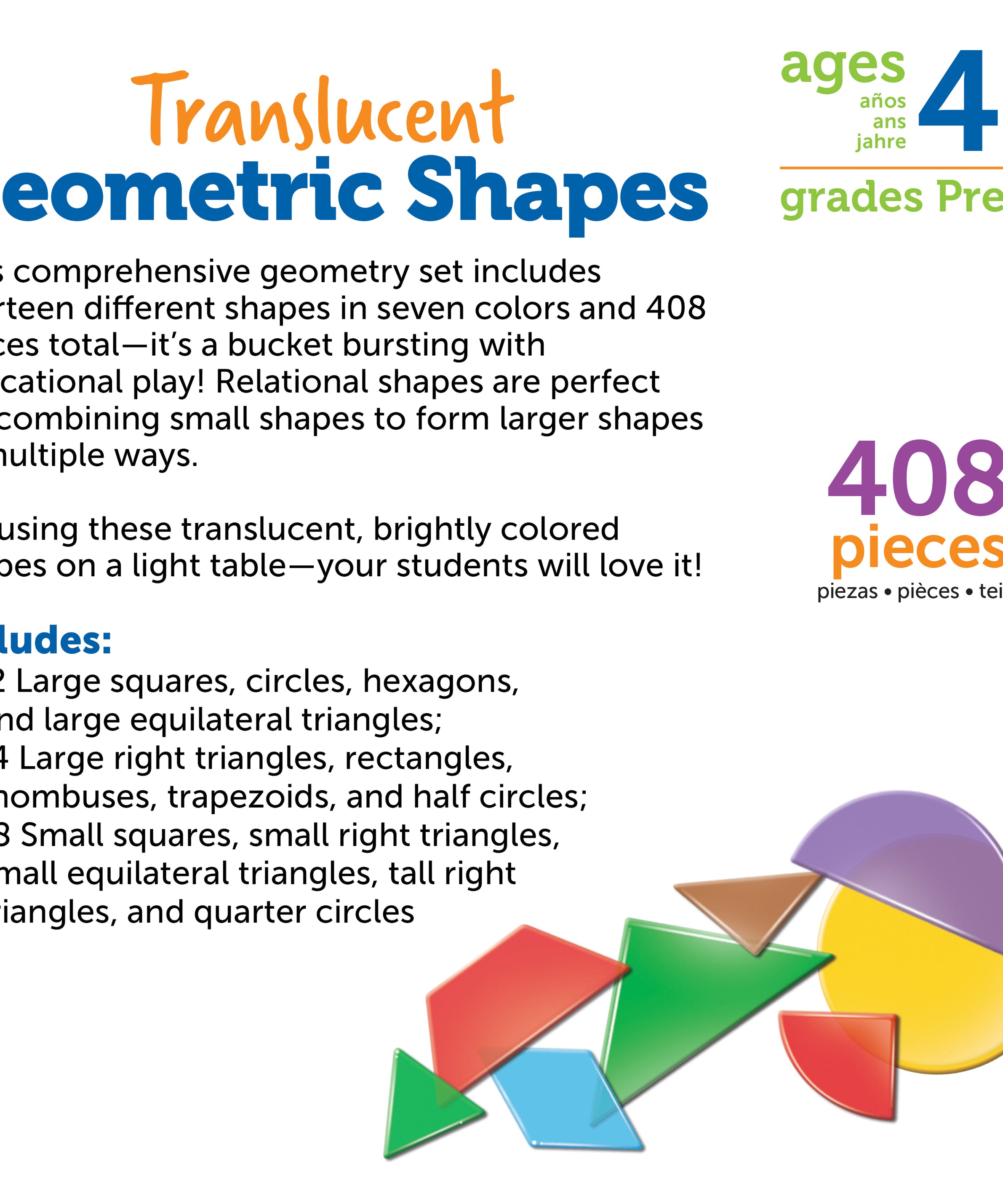 Learning Resources Translucent Geometric Shapes, Set of 408, Early Geometry Skills for Kids (Ages 4+)