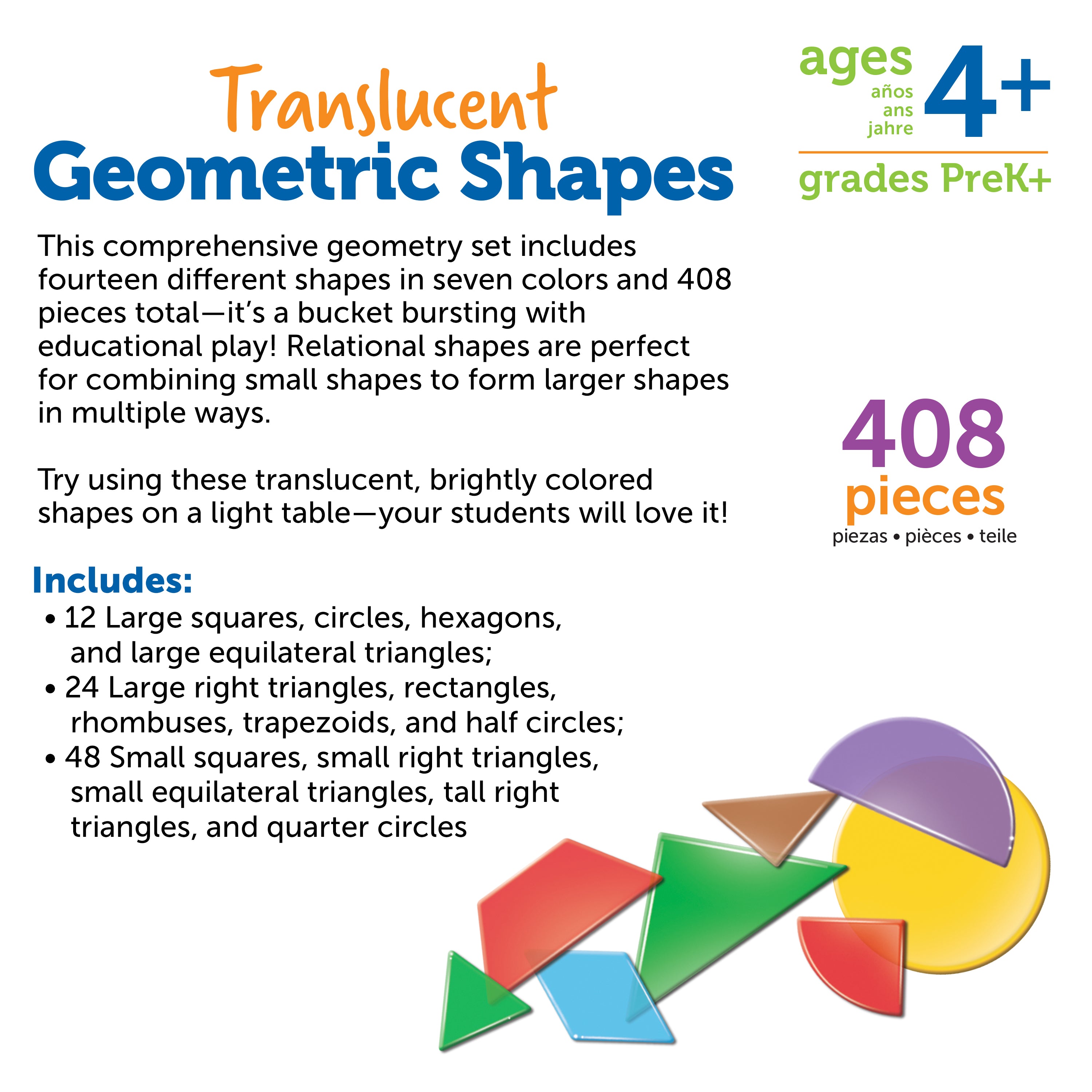 Learning Resources Translucent Geometric Shapes, Set of 408, Early Geometry Skills for Kids (Ages 4+)