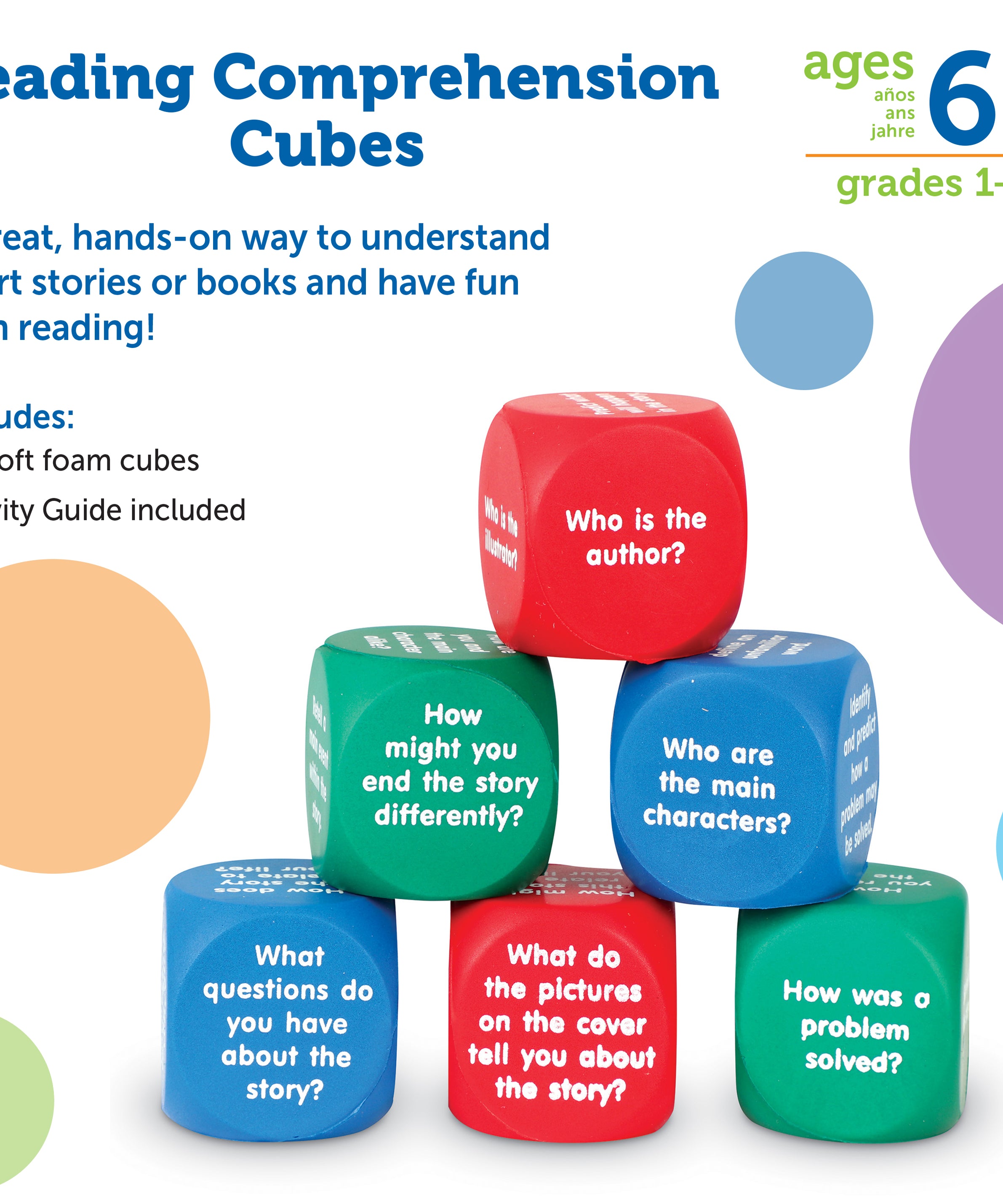 Learning Resources Reading Comprehension Cubes, Engaging Literacy & Language Skill-Building Activity, Set of 6 Soft Foam Dice with 36 Questions for Kids