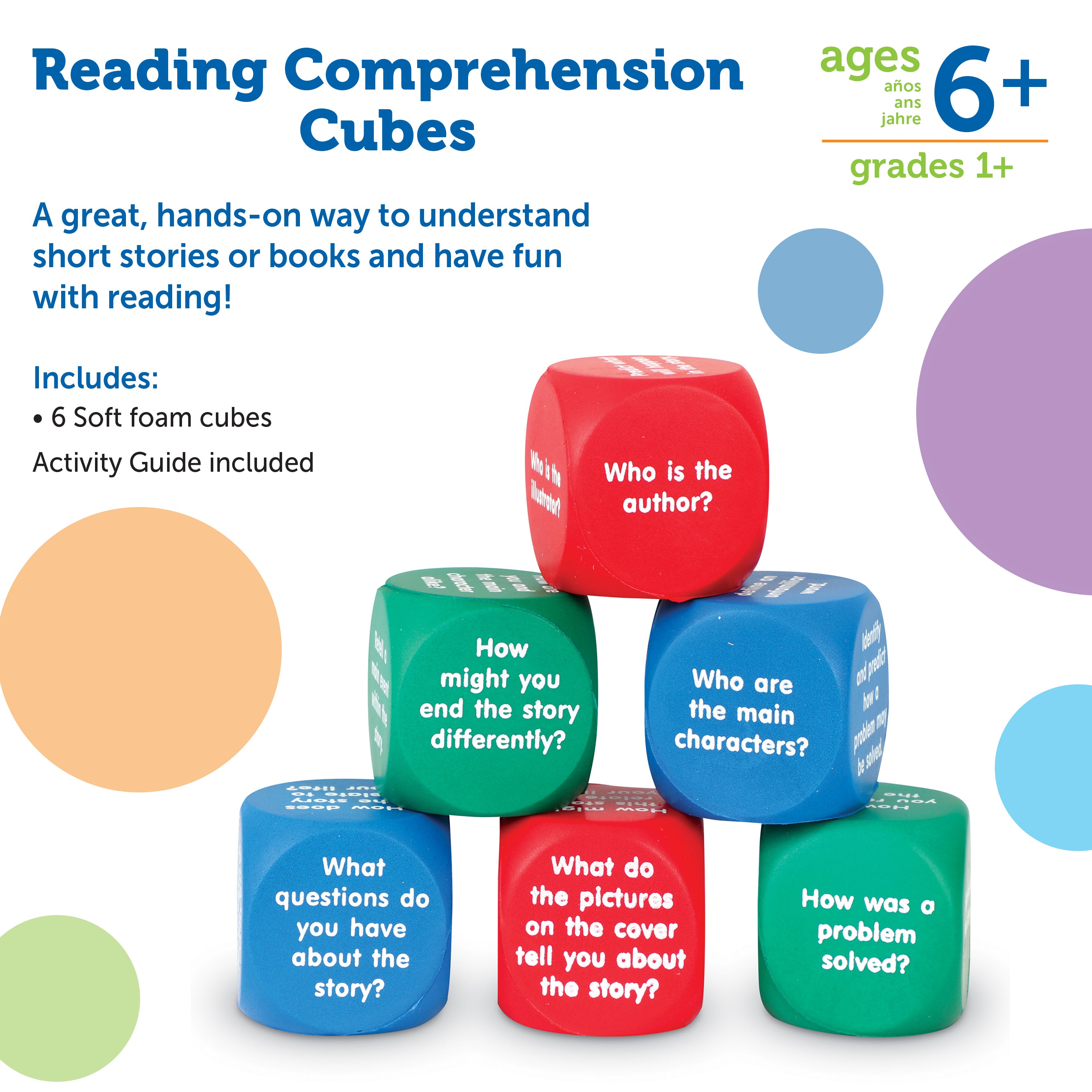 Learning Resources Reading Comprehension Cubes, Engaging Literacy & Language Skill-Building Activity, Set of 6 Soft Foam Dice with 36 Questions for Kids