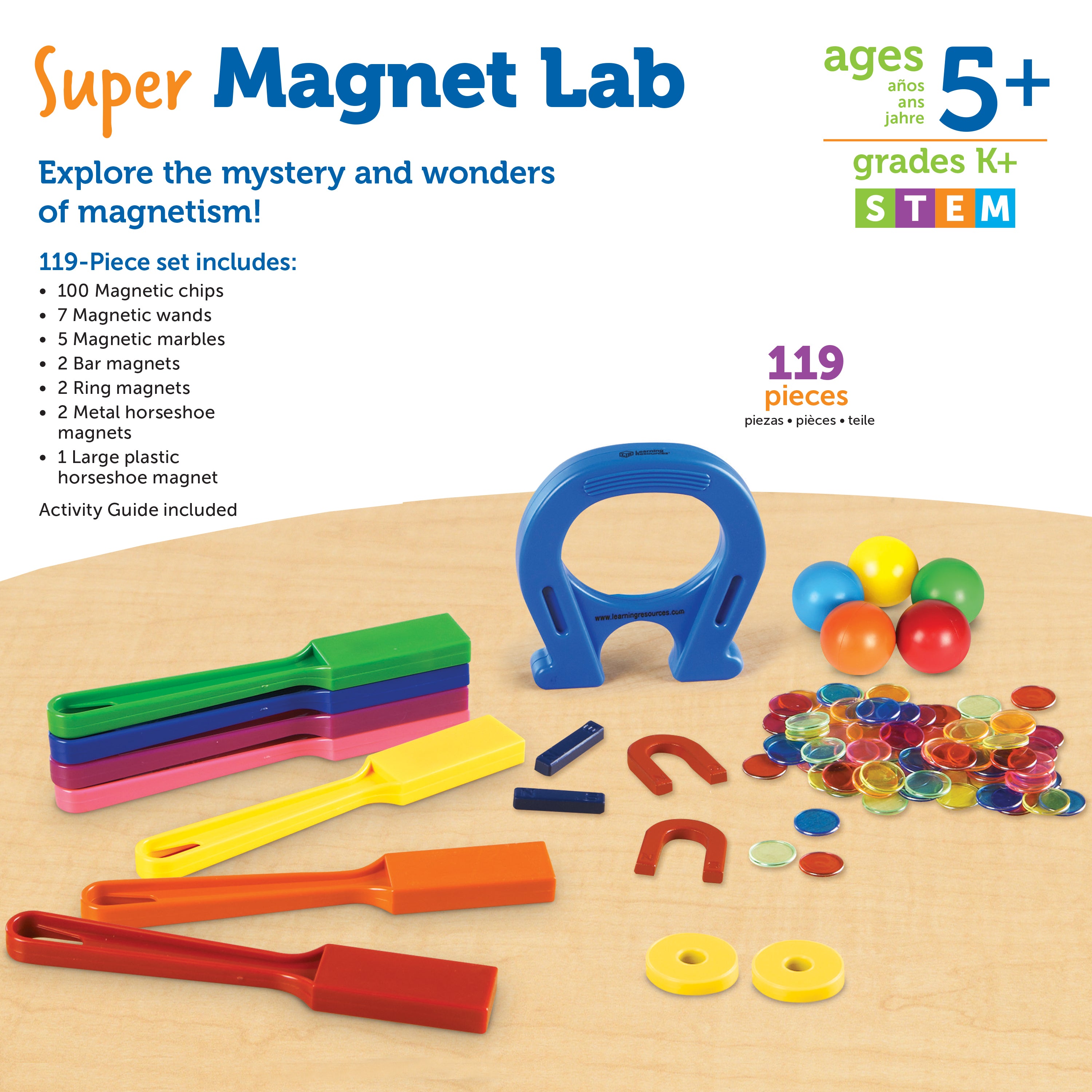 Learning Resources Super Magnet Classroom Lab Kit, 224-Piece Set for Exploring Magnetic Properties, Includes Magnetic Chips, Marbles, Magnets, Wands, and Activity Guide, Ages 5+