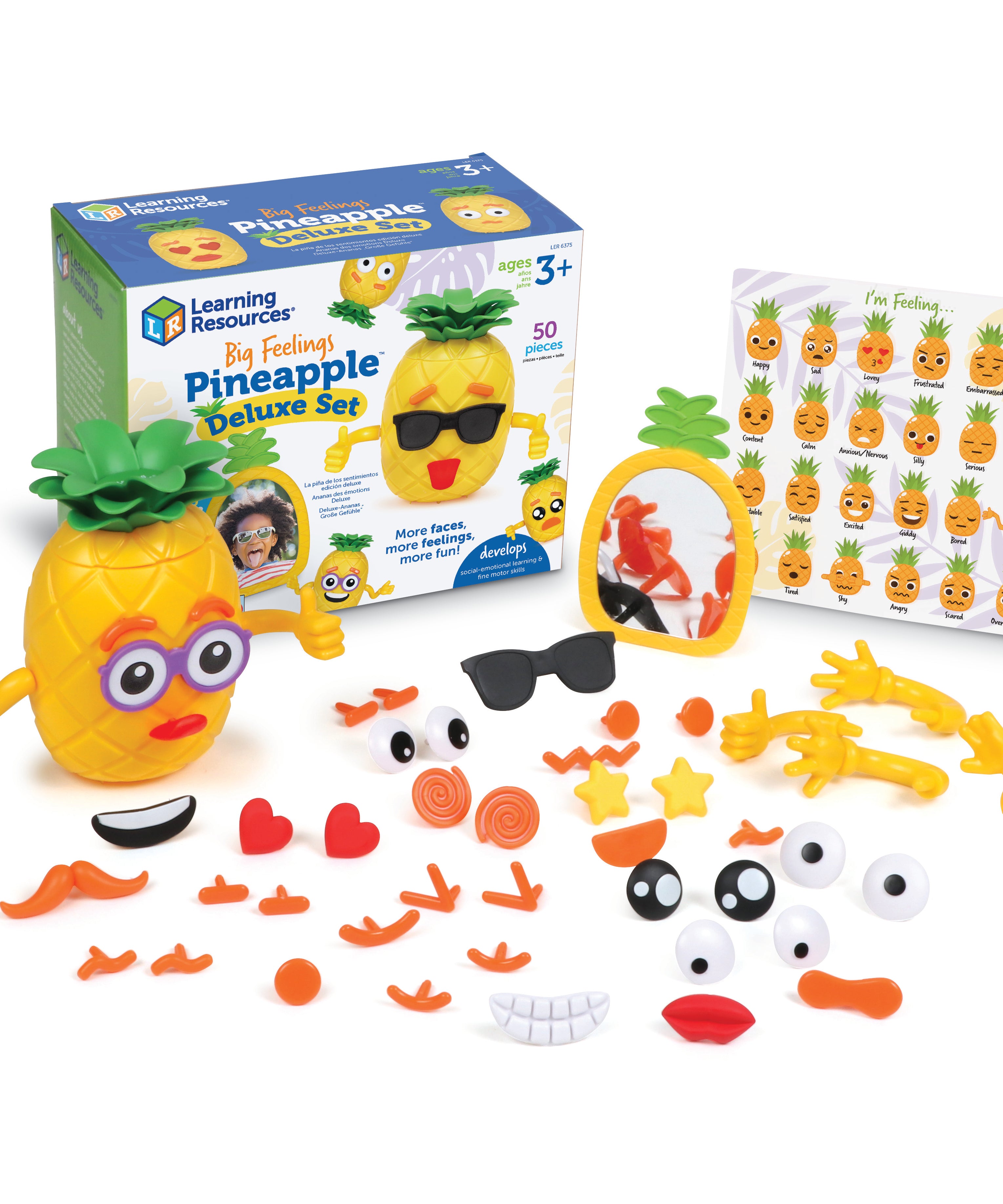 Learning Resources Big Feelings Pineapple Deluxe Set, Social Emotional Learning Toy for Kids, 50-Piece SEL Activity Set with Double-Sided Pineapple, Face Pieces & Mirror, Ages 3+
