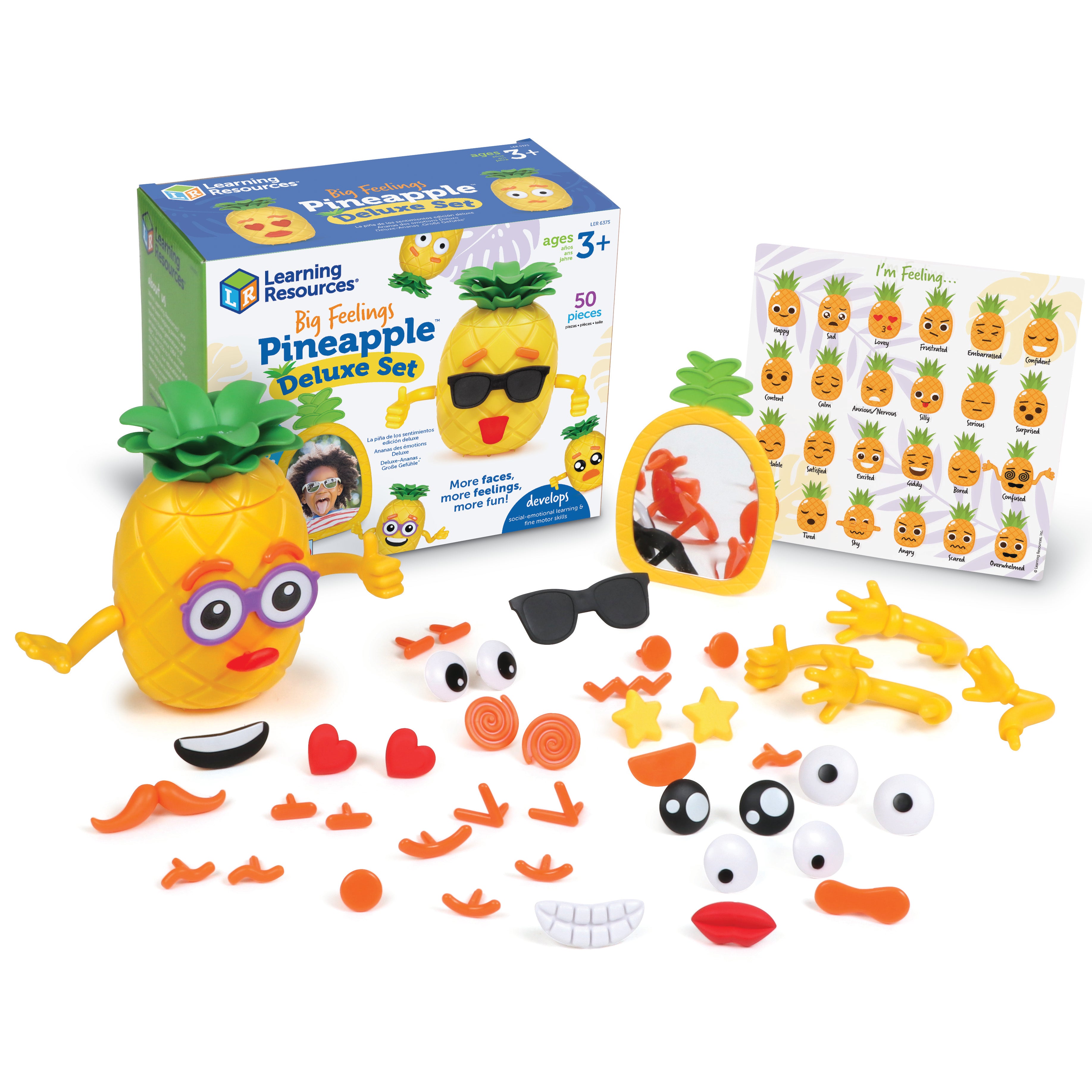 Learning Resources Big Feelings Pineapple Deluxe Set, Social Emotional Learning Toy for Kids, 50-Piece SEL Activity Set with Double-Sided Pineapple, Face Pieces & Mirror, Ages 3+