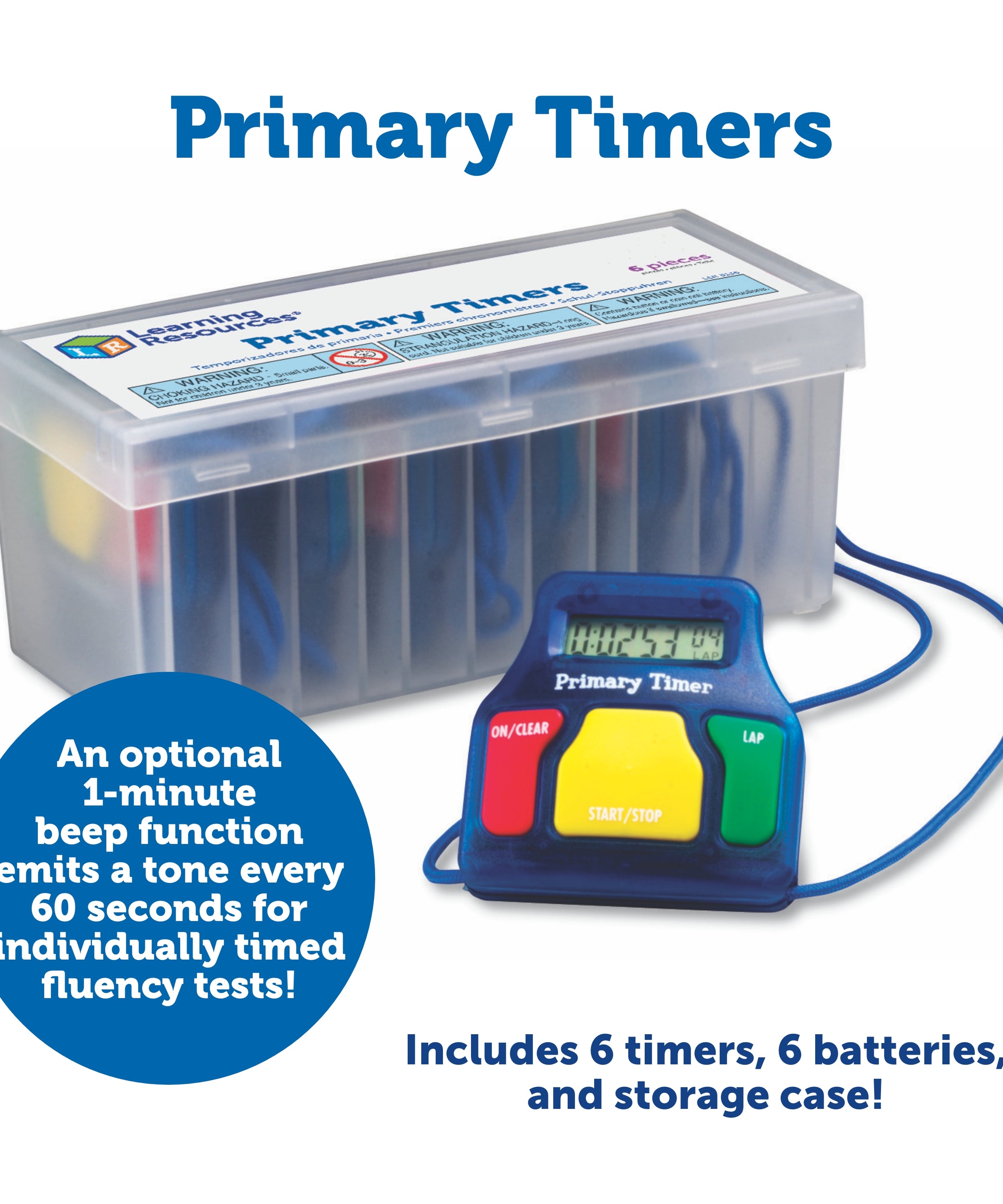 Learning Resources Primary Timers (Set of 6), Easy-to-Use Stopwatch with Lap Function, Includes Safety Release Lanyard and Storage Case, 1.5V Button-Cell Battery Included, For Ages 3+