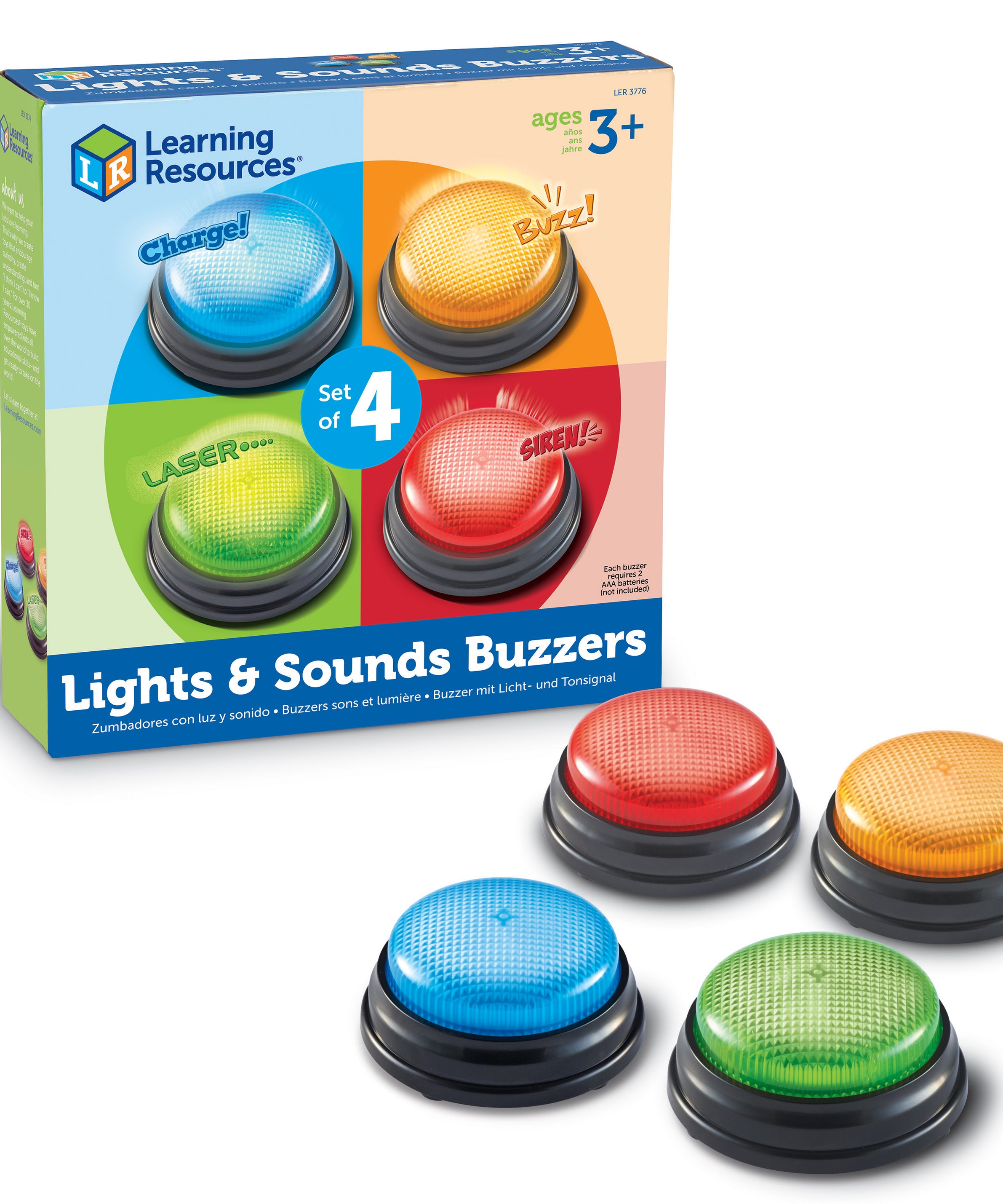 Learning Resources Lights & Sounds Answer Buzzers (Set of 4), Light-Up Game Show Style Buzzers with 4 Distinct Sounds for Classroom, Trivia, and Family Fun (Ages 3+)