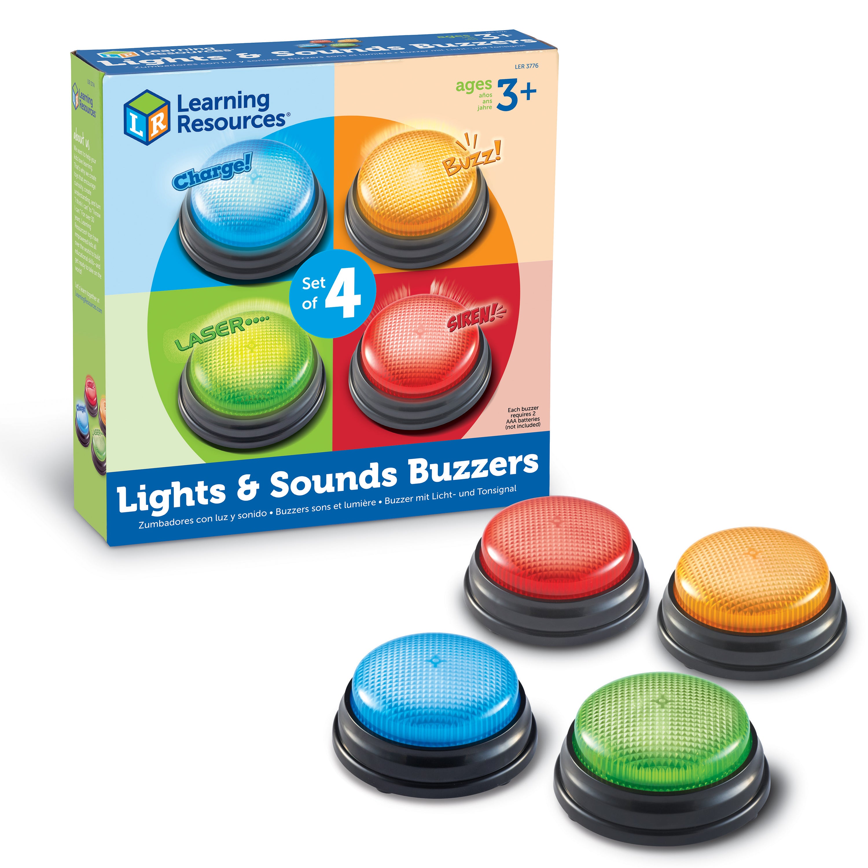 Learning Resources Lights & Sounds Answer Buzzers (Set of 4), Light-Up Game Show Style Buzzers with 4 Distinct Sounds for Classroom, Trivia, and Family Fun (Ages 3+)