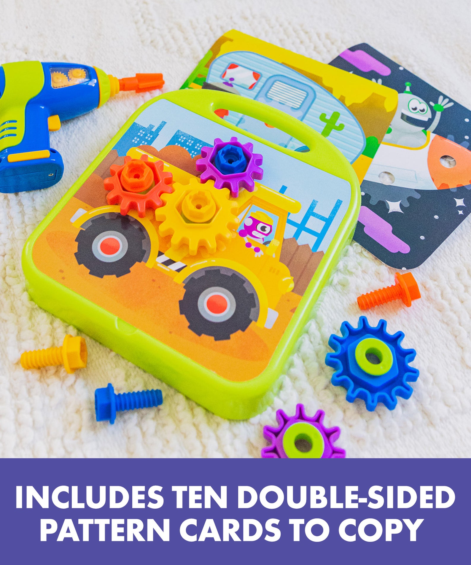 Learning Resources Design and Drill Gears Workshop, STEM Construction Toy with Power Drill, Gears, Bolts, and Activity Board, Builds Fine Motor Skills and Early Engineering Concepts, Ages 3 and Up