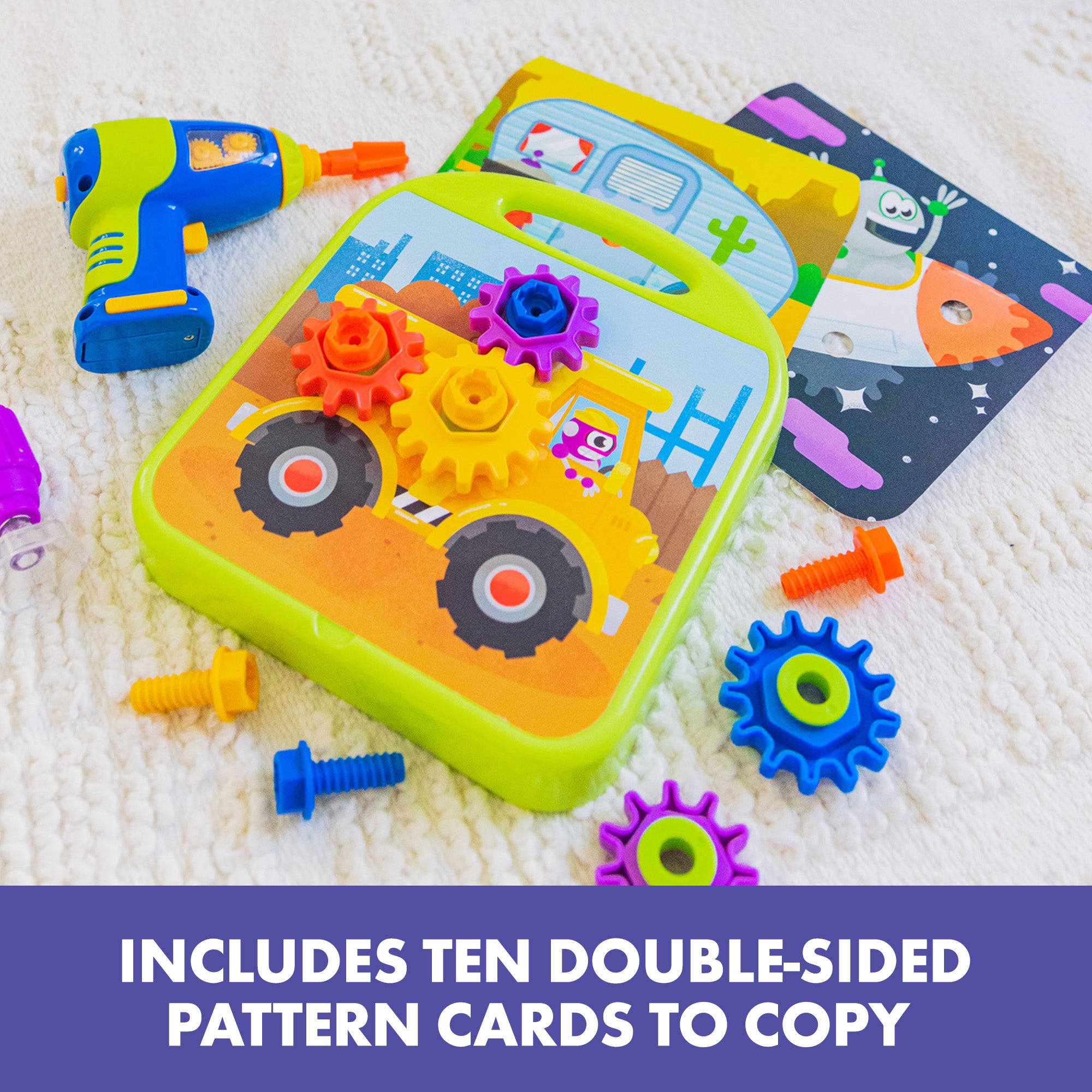 Learning Resources Design and Drill Gears Workshop, STEM Construction Toy with Power Drill, Gears, Bolts, and Activity Board, Builds Fine Motor Skills and Early Engineering Concepts, Ages 3 and Up