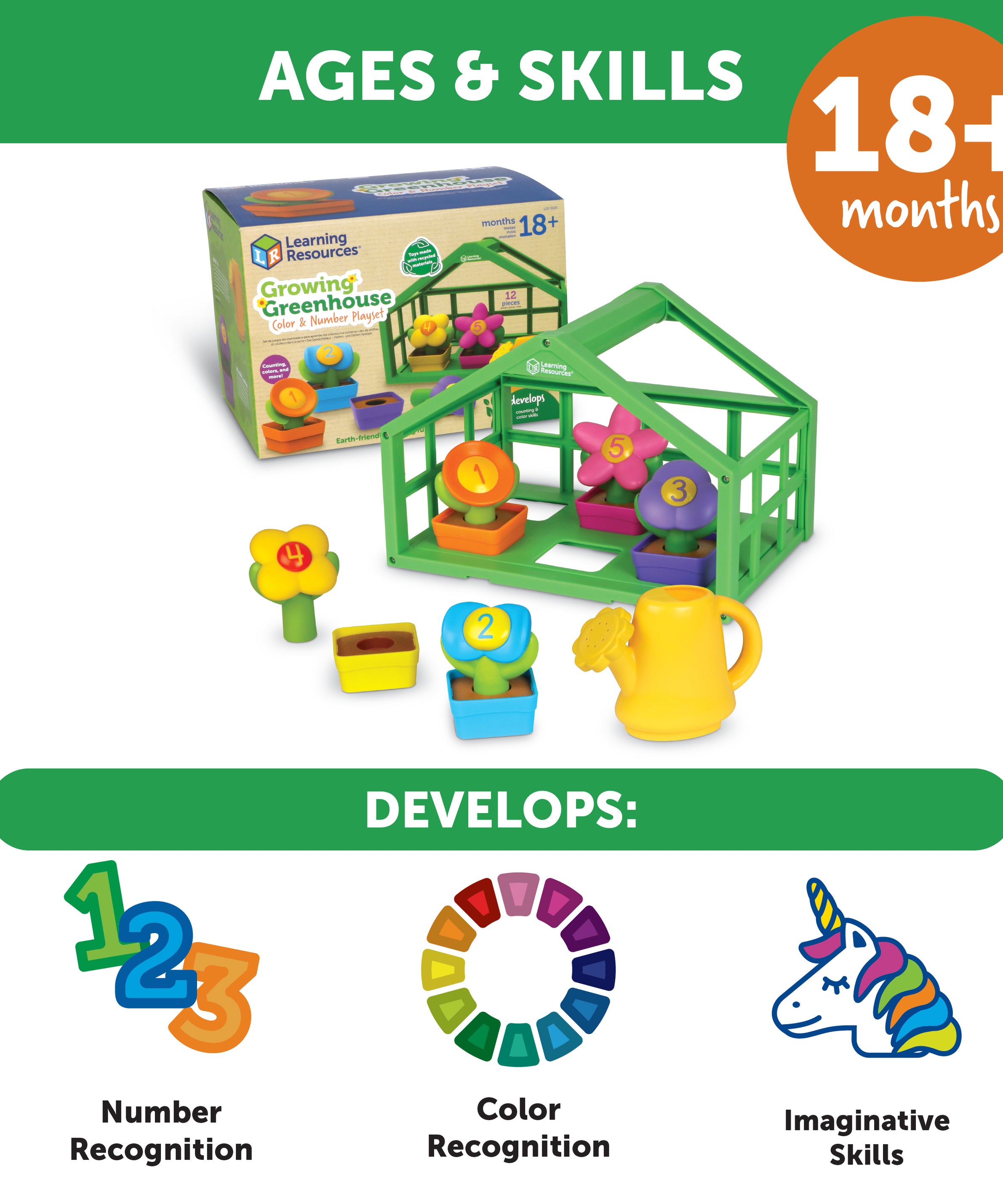 Learning Resources Growing Greenhouse Colour and Number Playset, Counting and Colour Matching Toy for Toddlers, Sustainable Preschool Toy Set for Ages 18 Months+