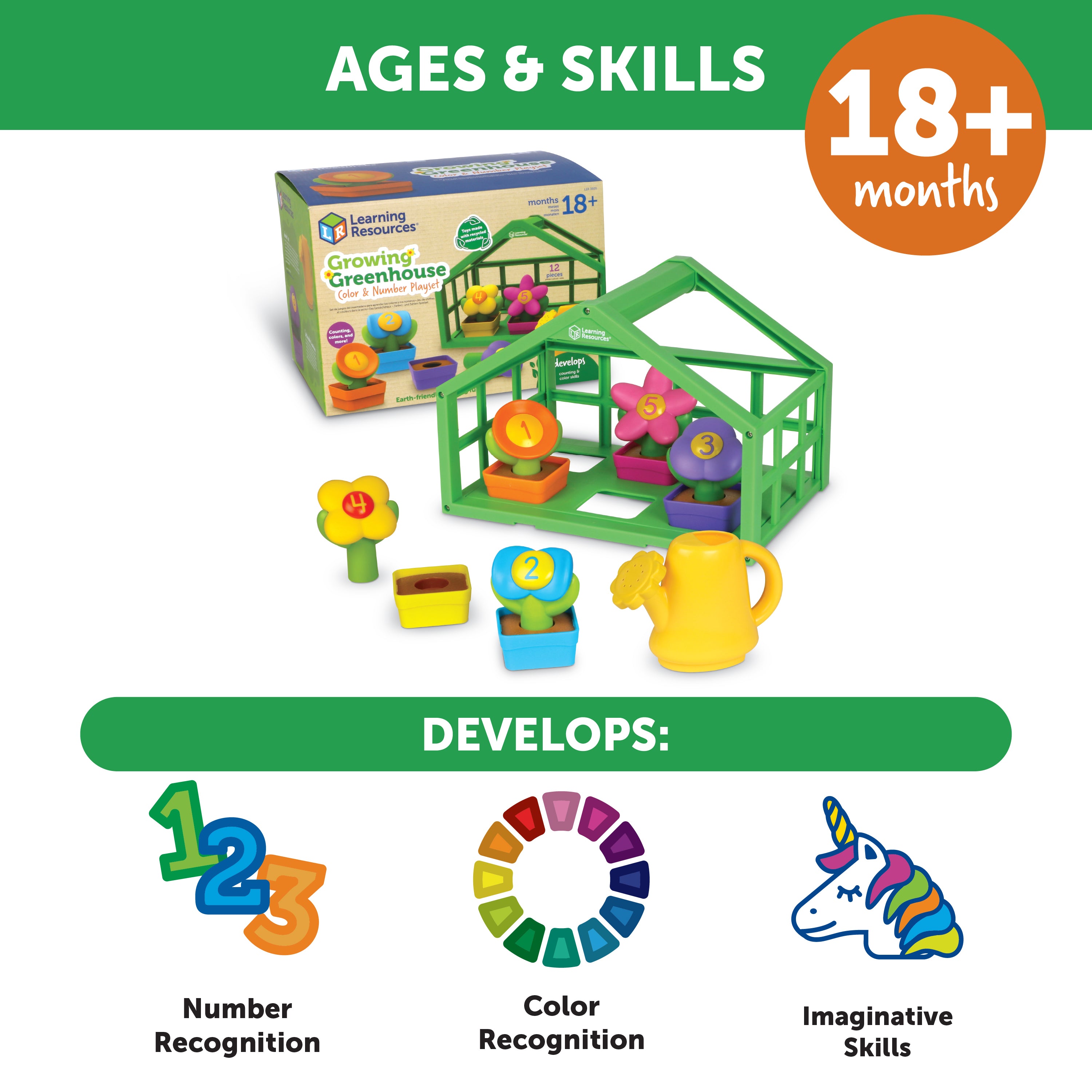 Learning Resources Growing Greenhouse Colour and Number Playset, Counting and Colour Matching Toy for Toddlers, Sustainable Preschool Toy Set for Ages 18 Months+