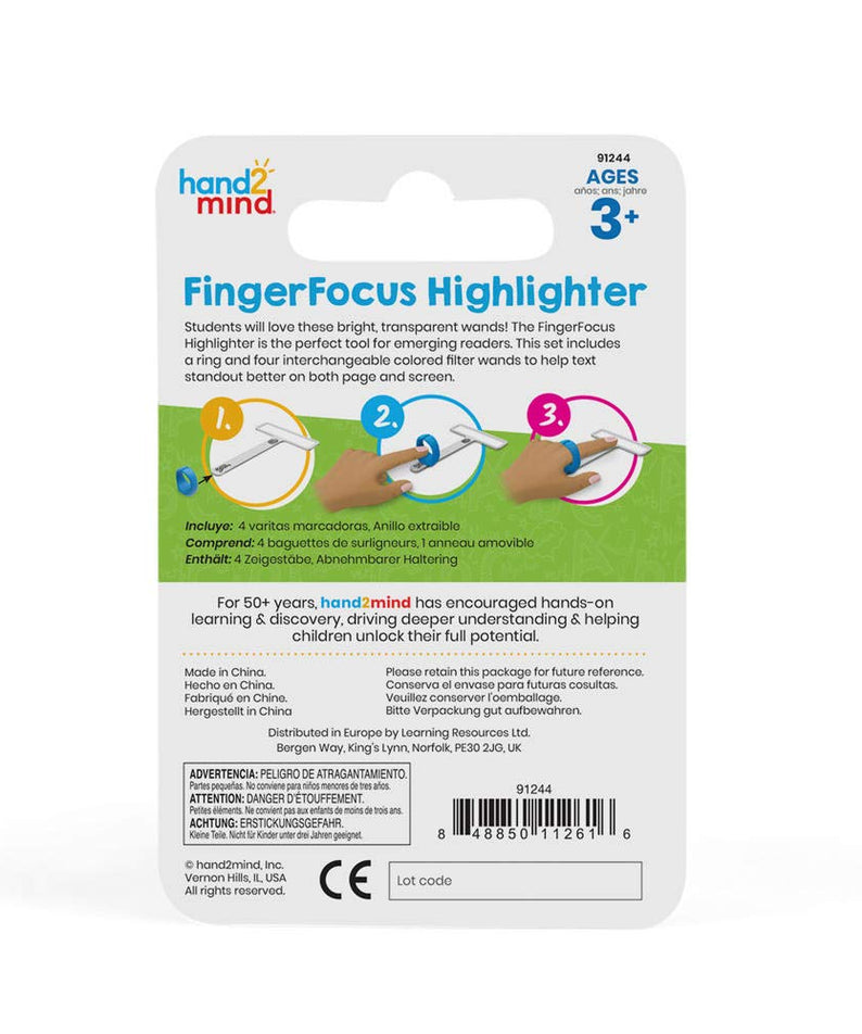 Learning Resources FingerFocus Highlighter, Wearable Reading Aid for Kids, Helps Improve Focus & Tracking, Includes 4 Interchangeable Colored Wands