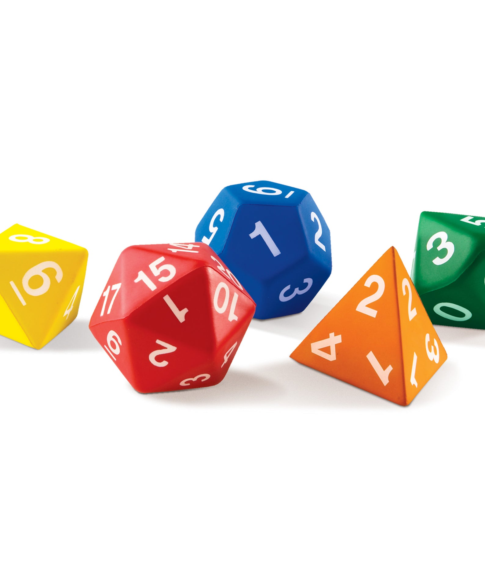 Learning Resources Jumbo Foam Polyhedral Dice, Set of 5 Soft Foam Dice with 4, 8, 10, 12, and 20 Sides, Includes Activity Guide, Ages 6+