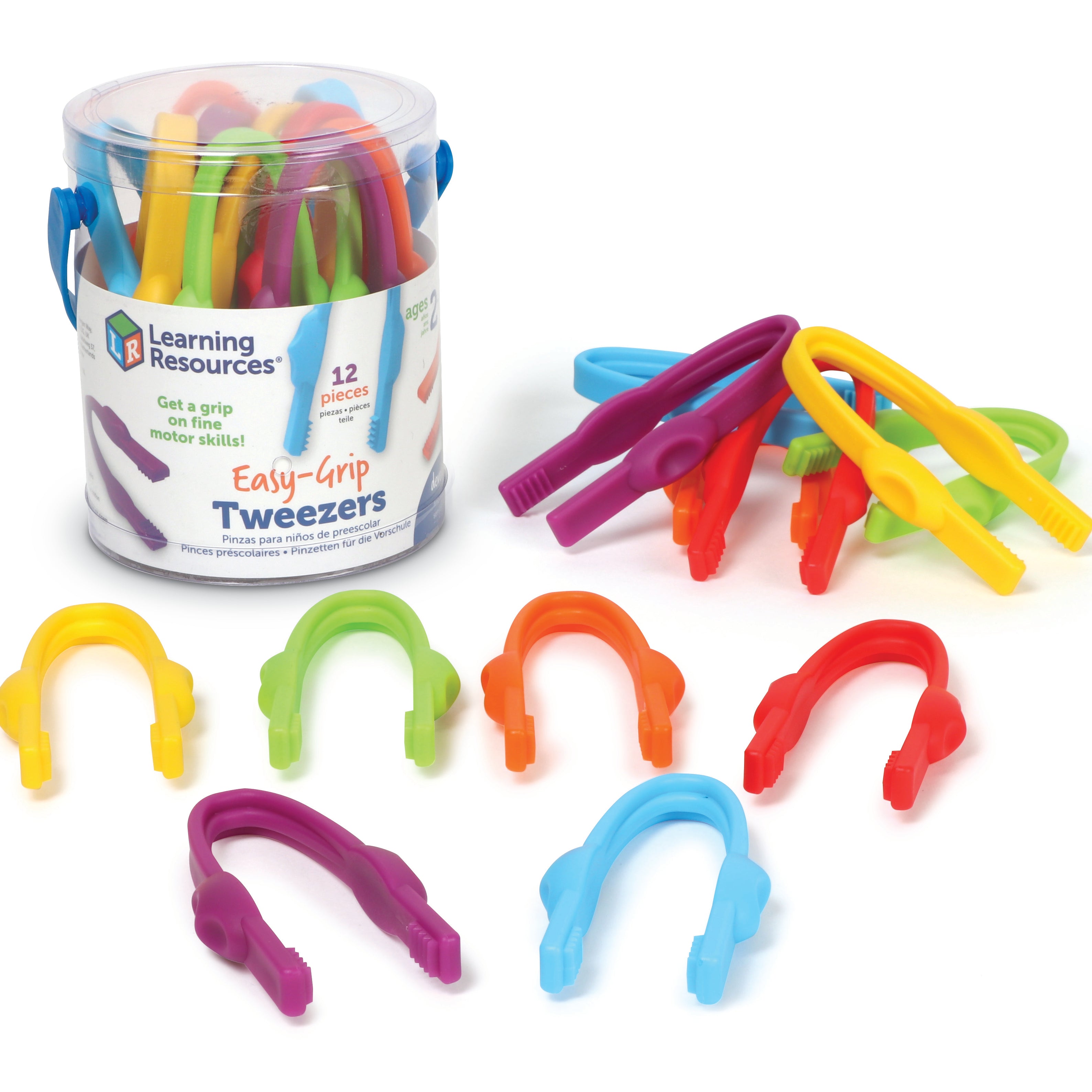 Learning Resources Easy-Grip Tweezers for Kids, Fine Motor Skill Development Tools for Preschool and Sensory Play, Set of 12 with Storage Tub, Ages 2 Plus