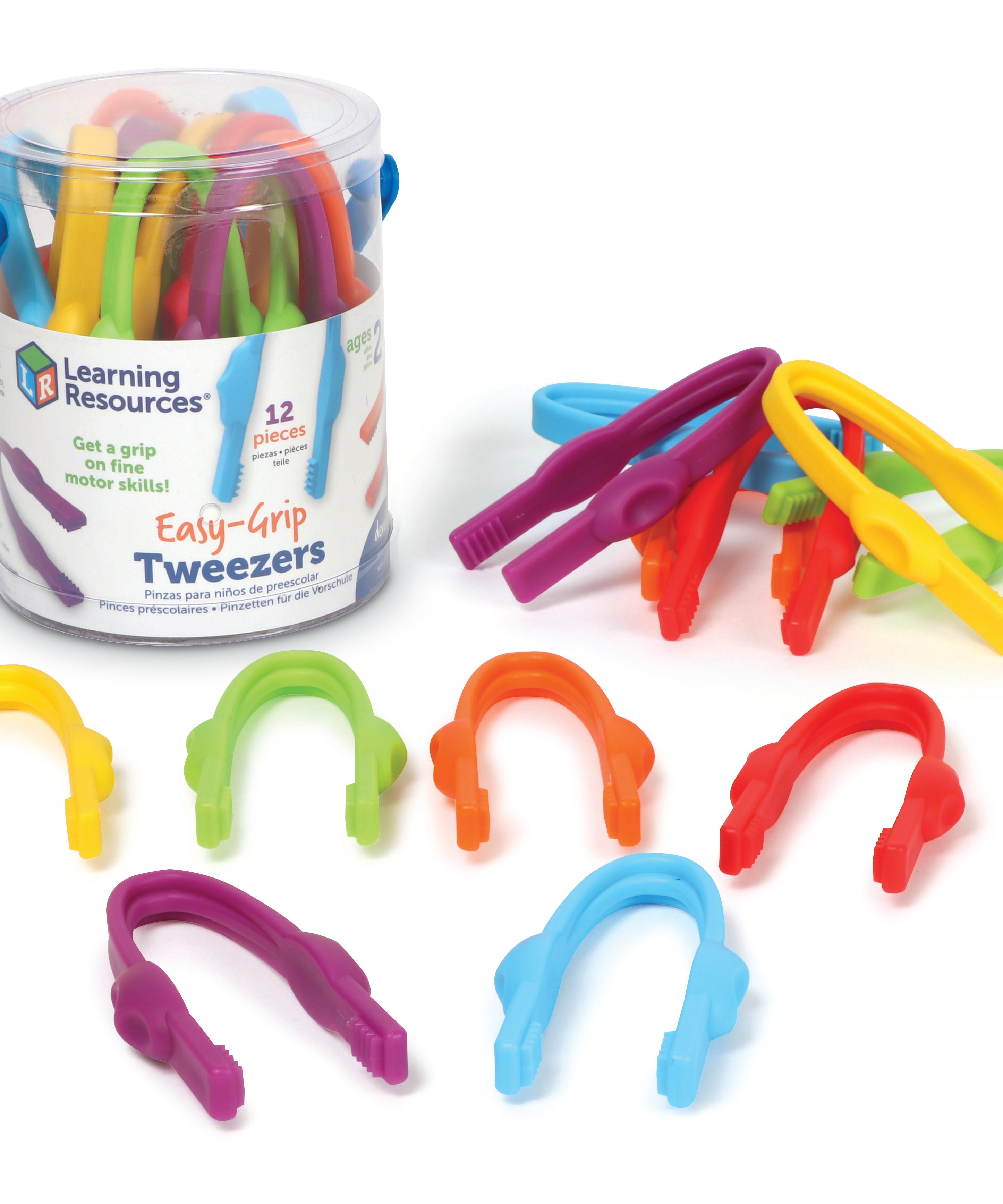 Learning Resources Easy-Grip Tweezers for Kids, Fine Motor Skill Development Tools for Preschool and Sensory Play, Set of 12 with Storage Tub, Ages 2 Plus