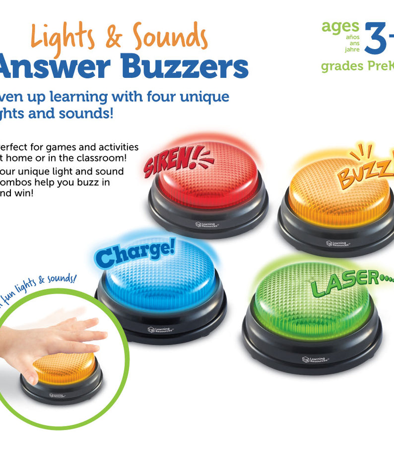 Learning Resources Lights & Sounds Answer Buzzers (Set of 4), Light-Up Game Show Style Buzzers with 4 Distinct Sounds for Classroom, Trivia, and Family Fun (Ages 3+)