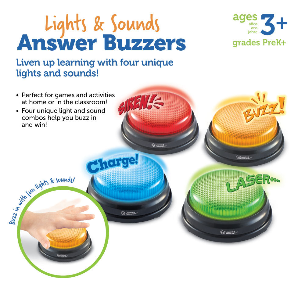 Learning Resources Lights & Sounds Answer Buzzers (Set of 4), Light-Up Game Show Style Buzzers with 4 Distinct Sounds for Classroom, Trivia, and Family Fun (Ages 3+)