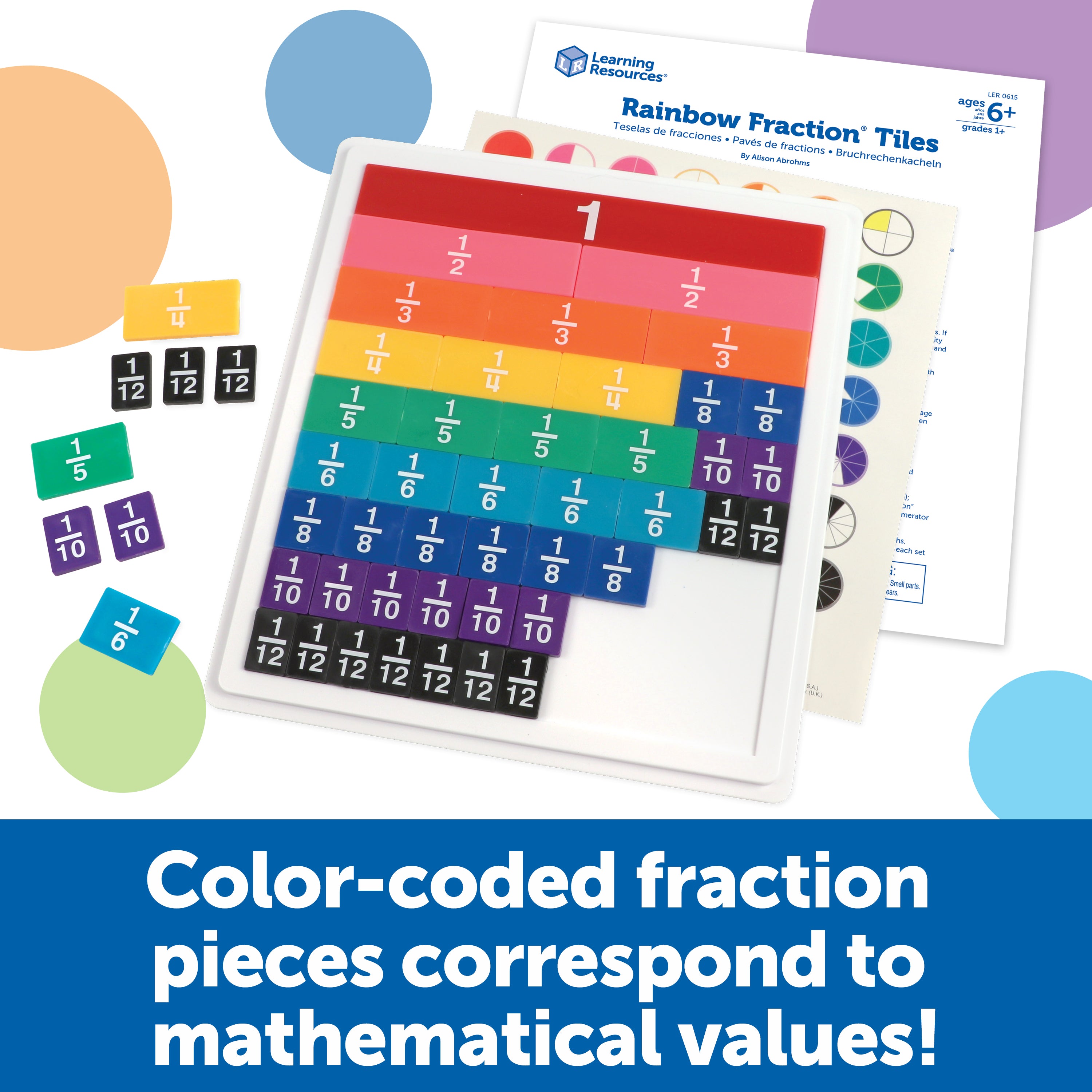Learning Resources Rainbow Fraction Tiles with Tray, 51-Piece Colour-Coded Set, Visual and Hands-On Learning Tool for Fractions, Includes Activity Guide and Storage Tray