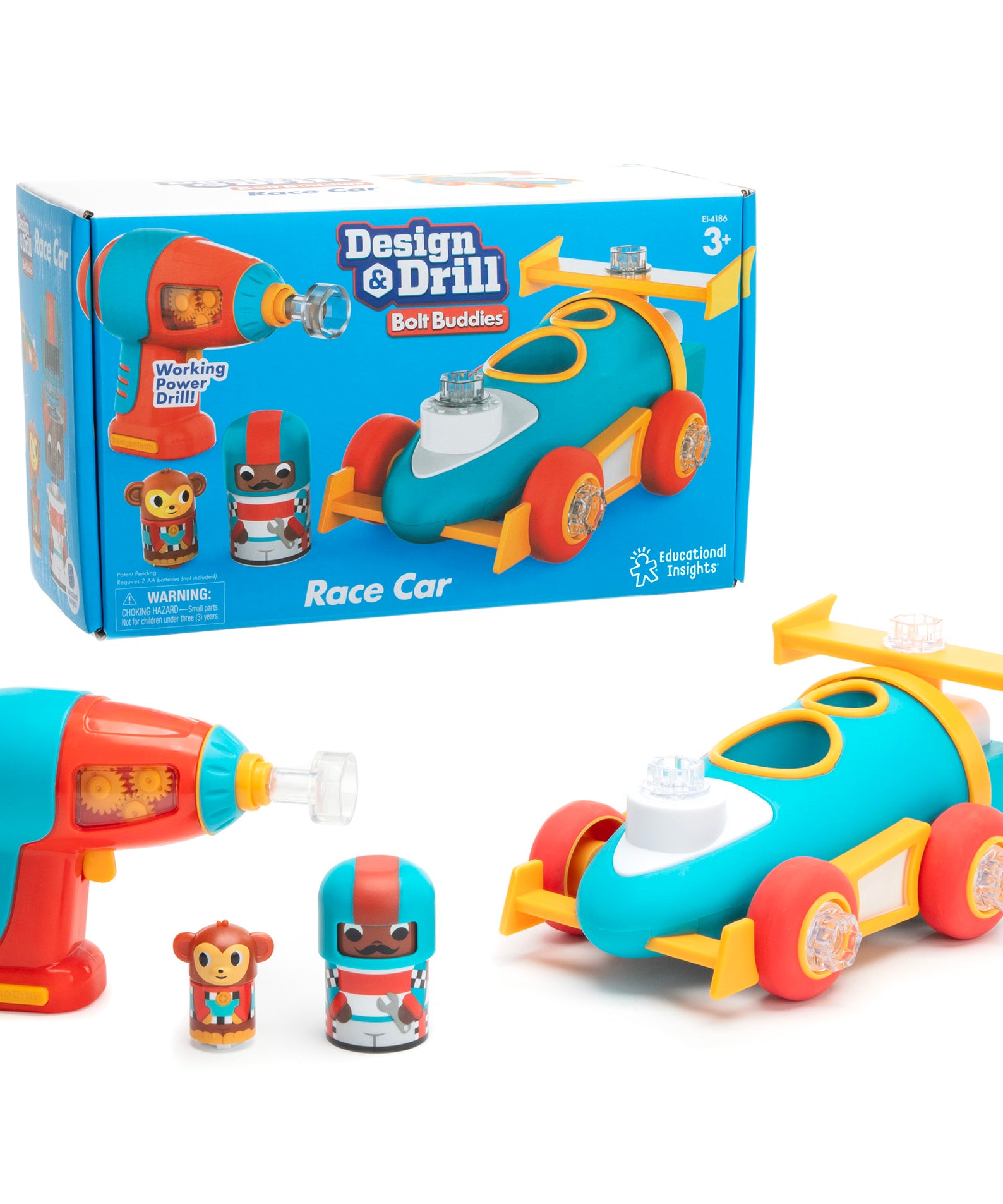 Learning Resources Design and Drill Bolt Buddies Race Car, STEM Construction Toy with Kid-Friendly Power Drill and Figures, Ages 3 Plus