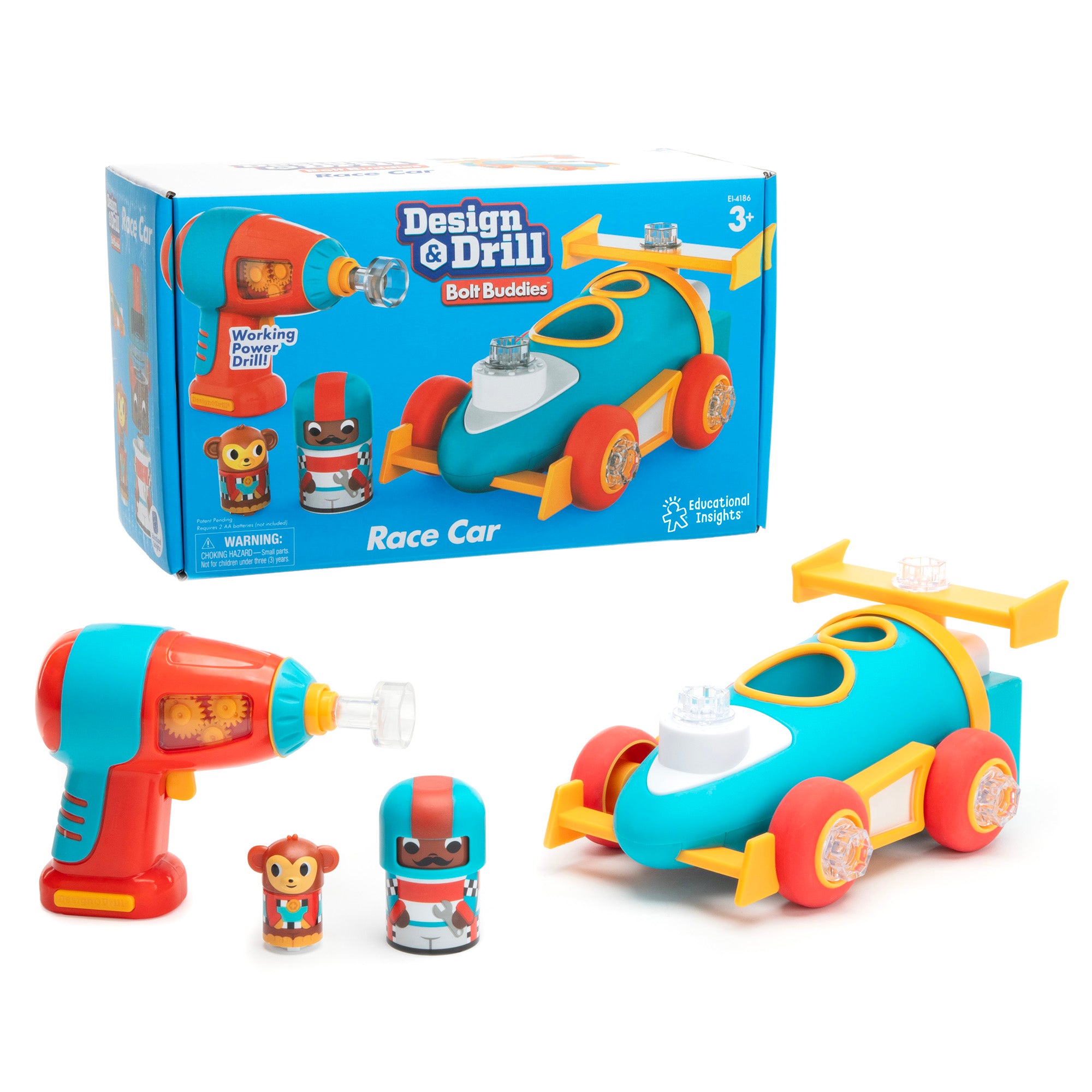 Learning Resources Design and Drill Bolt Buddies Race Car, STEM Construction Toy with Kid-Friendly Power Drill and Figures, Ages 3 Plus