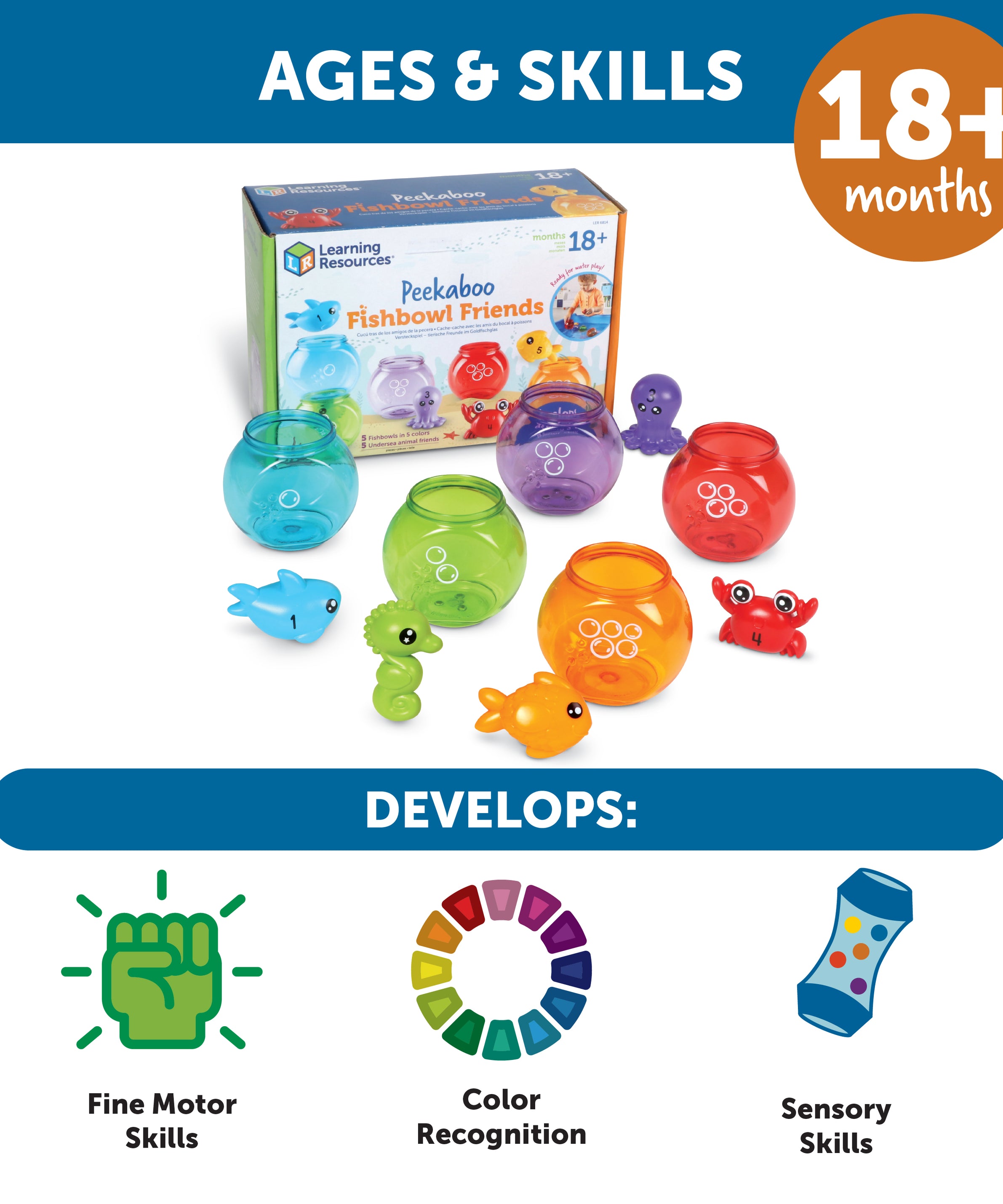 Learning Resources Peekaboo Fishbowl Friends, 10-Piece Toddler Learning Toy for Counting, Colours & Water Play, Stackable Fishbowls & Friendly Sea Creatures, Ages 18 Months+