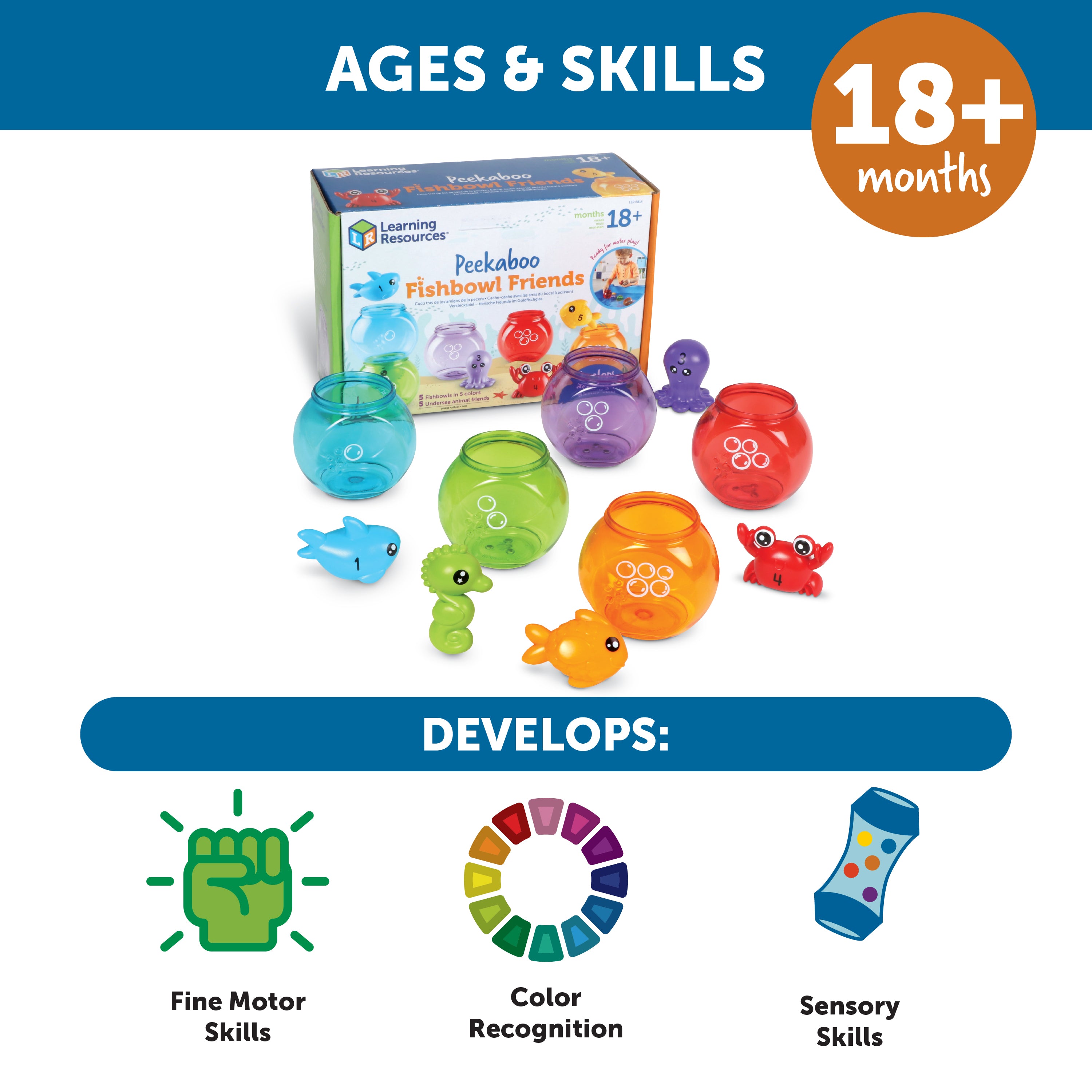 Learning Resources Peekaboo Fishbowl Friends, 10-Piece Toddler Learning Toy for Counting, Colours & Water Play, Stackable Fishbowls & Friendly Sea Creatures, Ages 18 Months+