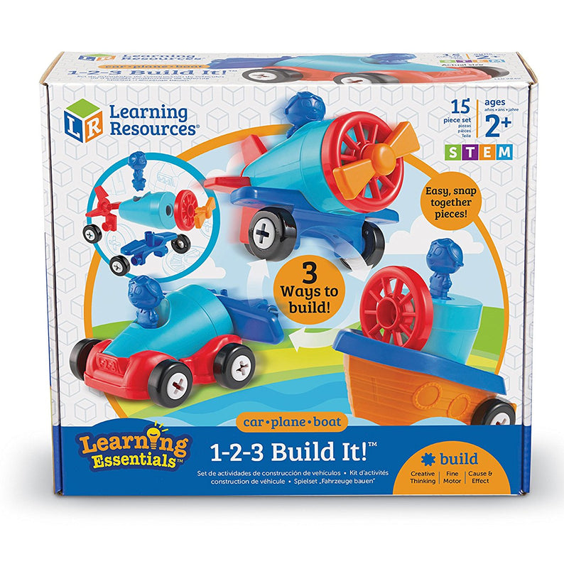 Learning Resources 1-2-3 Build It Car Plane Boat, 3-in-1 Vehicle Construction Toy for Toddlers, Fine Motor Skills and Early Engineering Play, Ages 2+
