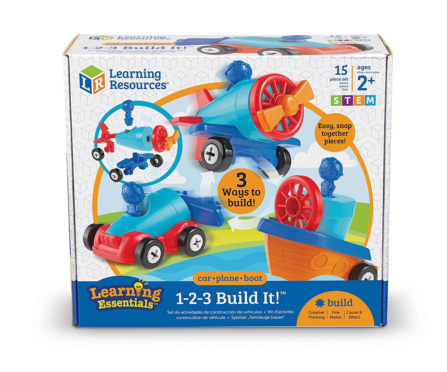 Learning Resources 1-2-3 Build It Car Plane Boat, 3-in-1 Vehicle Construction Toy for Toddlers, Fine Motor Skills and Early Engineering Play, Ages 2+