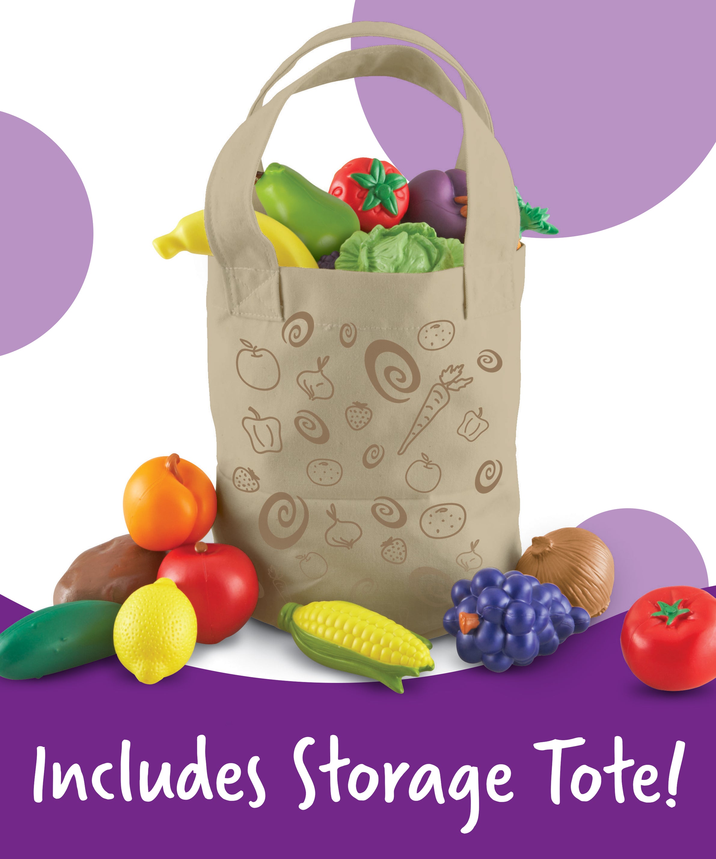 Learning Resources New Sprouts Fruit and Veg Tote, 20 Piece Pretend Food Set for Toddlers, Soft Touch Play Food for Role Play and Healthy Eating, Ages 2+