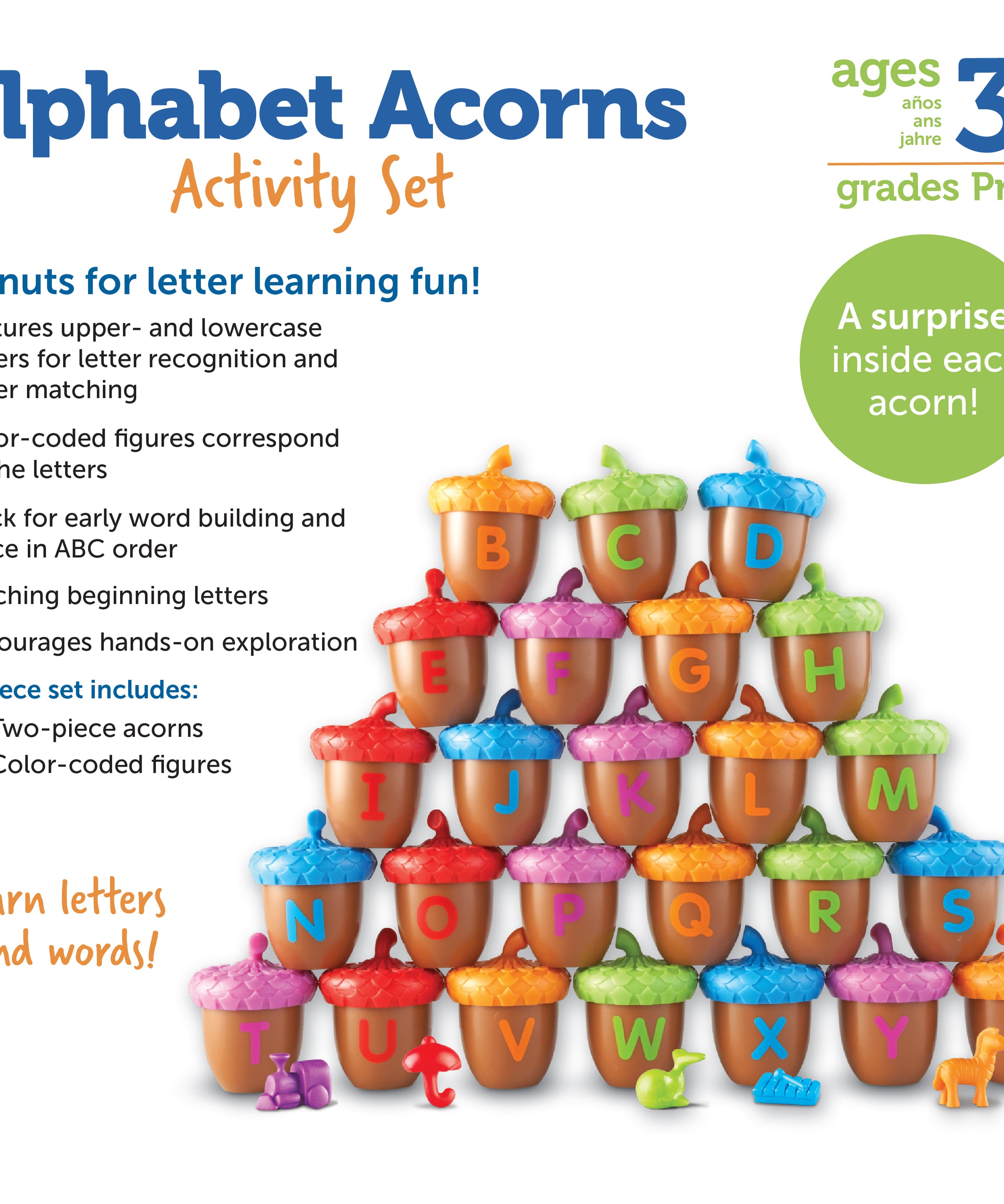 Learning Resources Alphabet Acorns Activity Set, Early Literacy and Phonics Toy for Kids Aged 3 and Up, 26 Two-Piece Acorns with Matching Counters, Preschool Letter Recognition Game