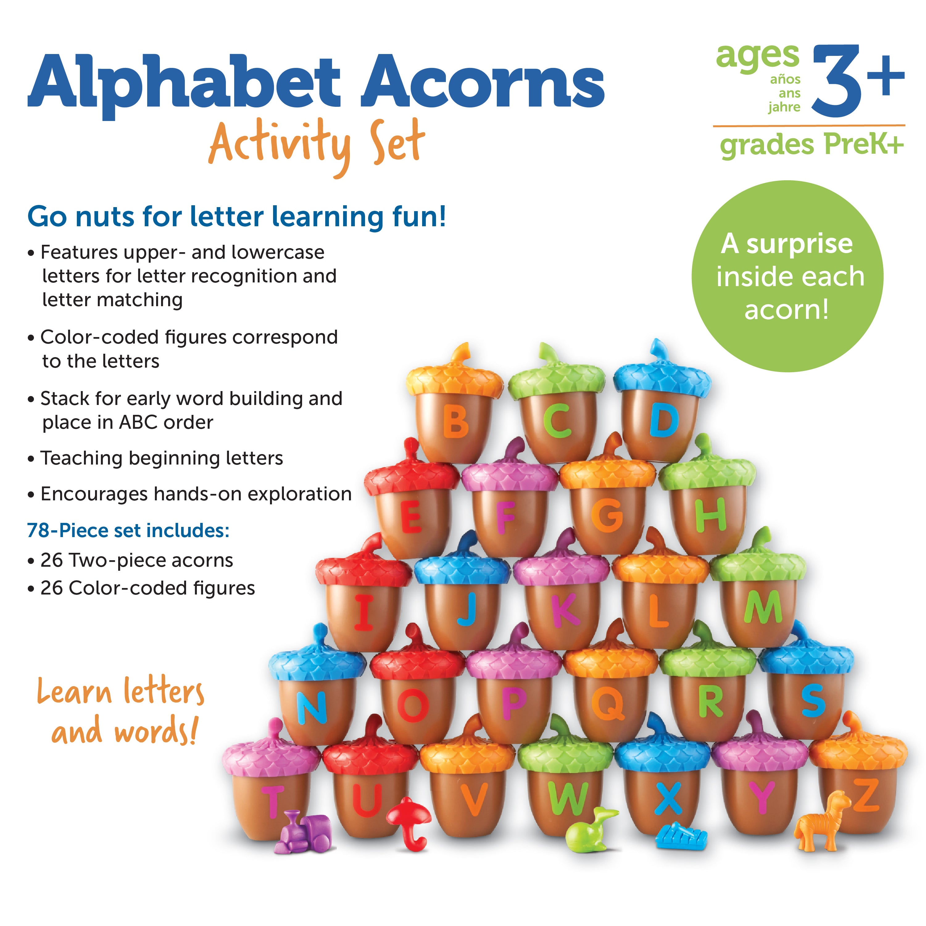 Learning Resources Alphabet Acorns Activity Set, Early Literacy and Phonics Toy for Kids Aged 3 and Up, 26 Two-Piece Acorns with Matching Counters, Preschool Letter Recognition Game