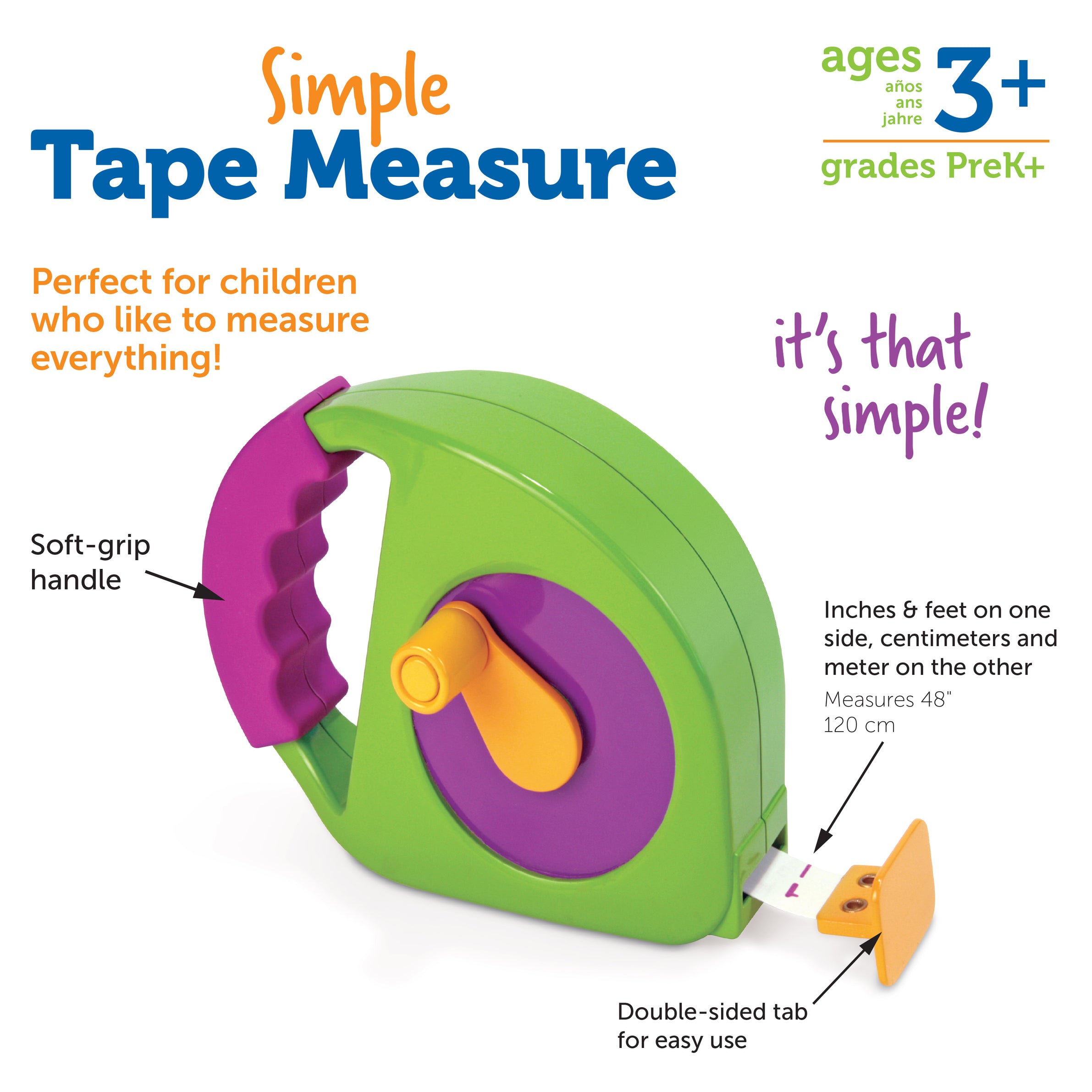 Learning Resources Simple Tape Measure, 1.2m / 4ft, Ages 3+, Easy-to-Use for Early Measurement Skills - Quick Learning