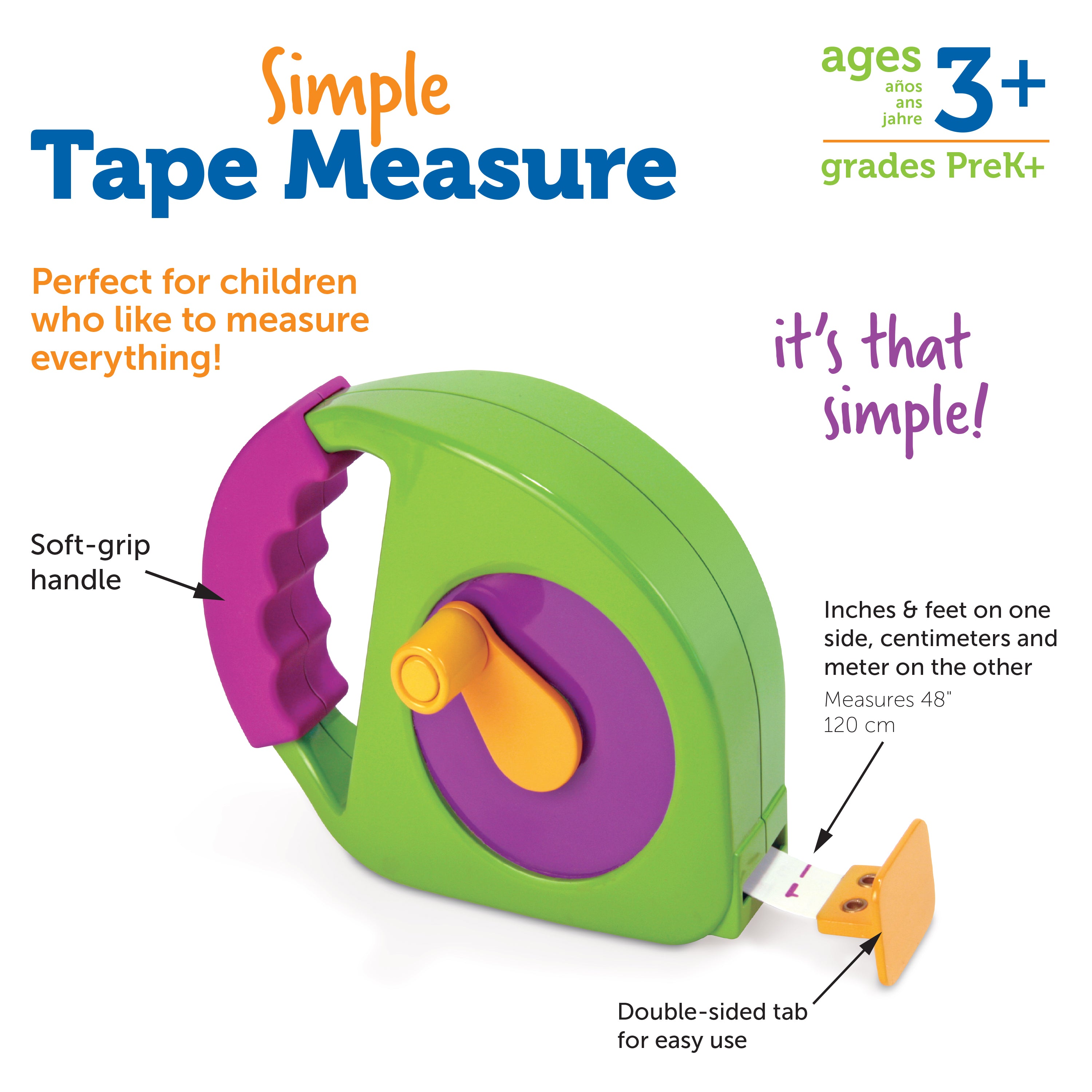 Learning Resources Simple Tape Measure, 1.2m / 4ft, Ages 3+, Easy-to-Use for Early Measurement Skills
