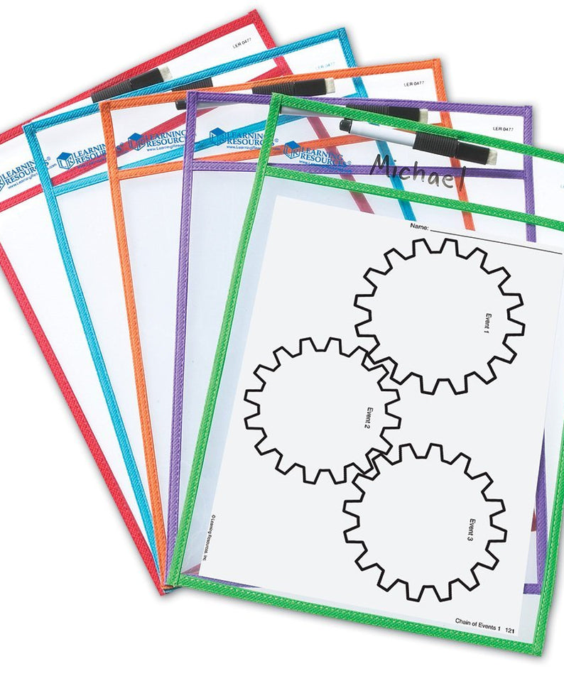 Learning Resources Write & Wipe Pockets (Set of 5), Reusable Clear Dry-Erase Pockets, Includes 5 Dry-Erase Markers with Erasers, Environmentally Friendly, Holds Up to A4 Paper, Multi-Color Set, Ideal for Ages 3+